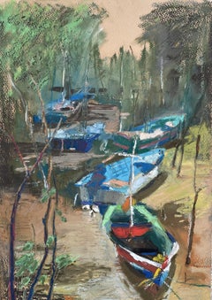 Boats study, Koh Samui, Thailand, oil pastels, boats, vertical, impressionism