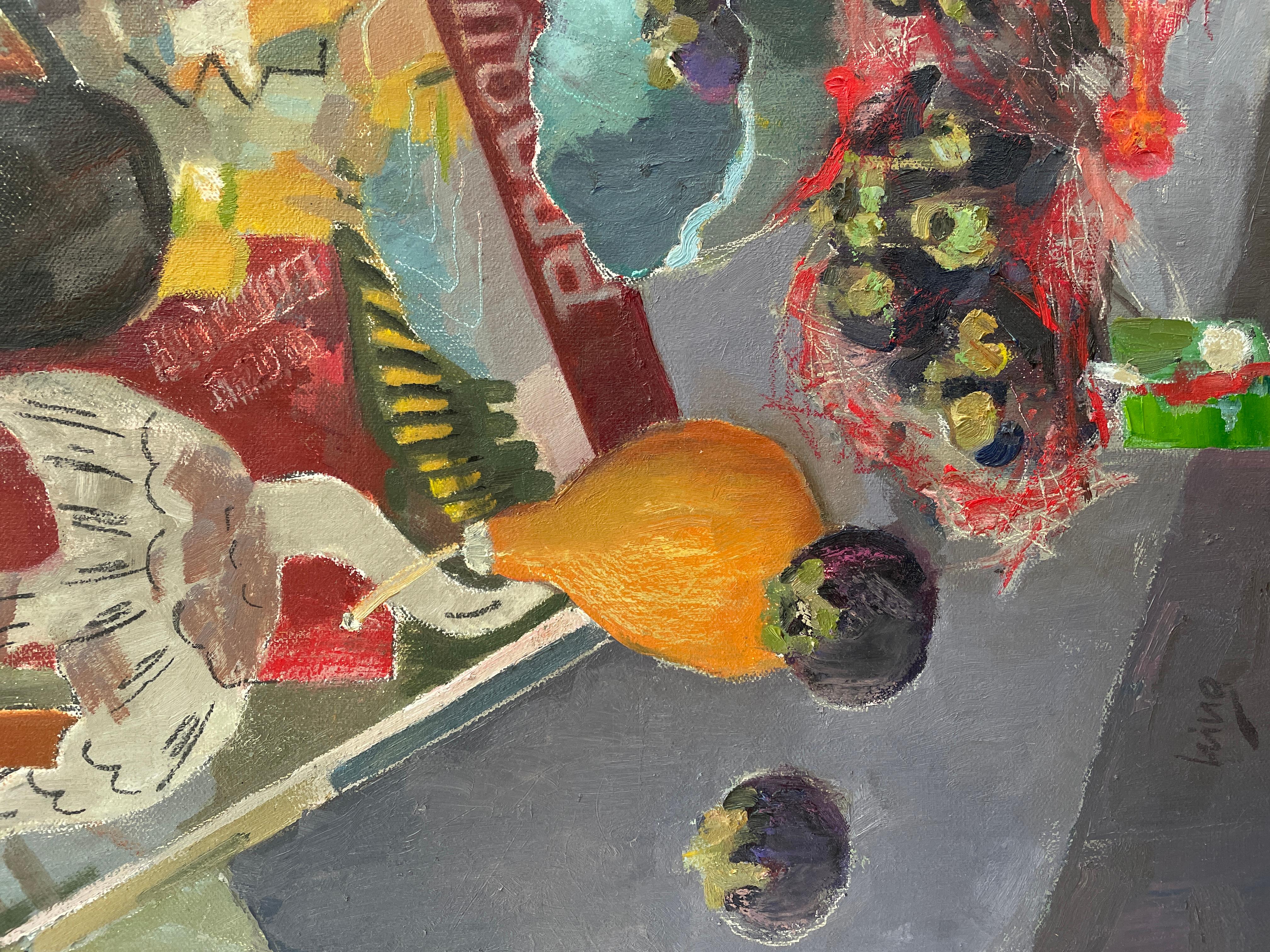 „Braque and mangosteens“, quadratisch, modernes Stillleben, lebendig, Mischtechniken (Zeitgenössisch), Painting, von Irina Forrester