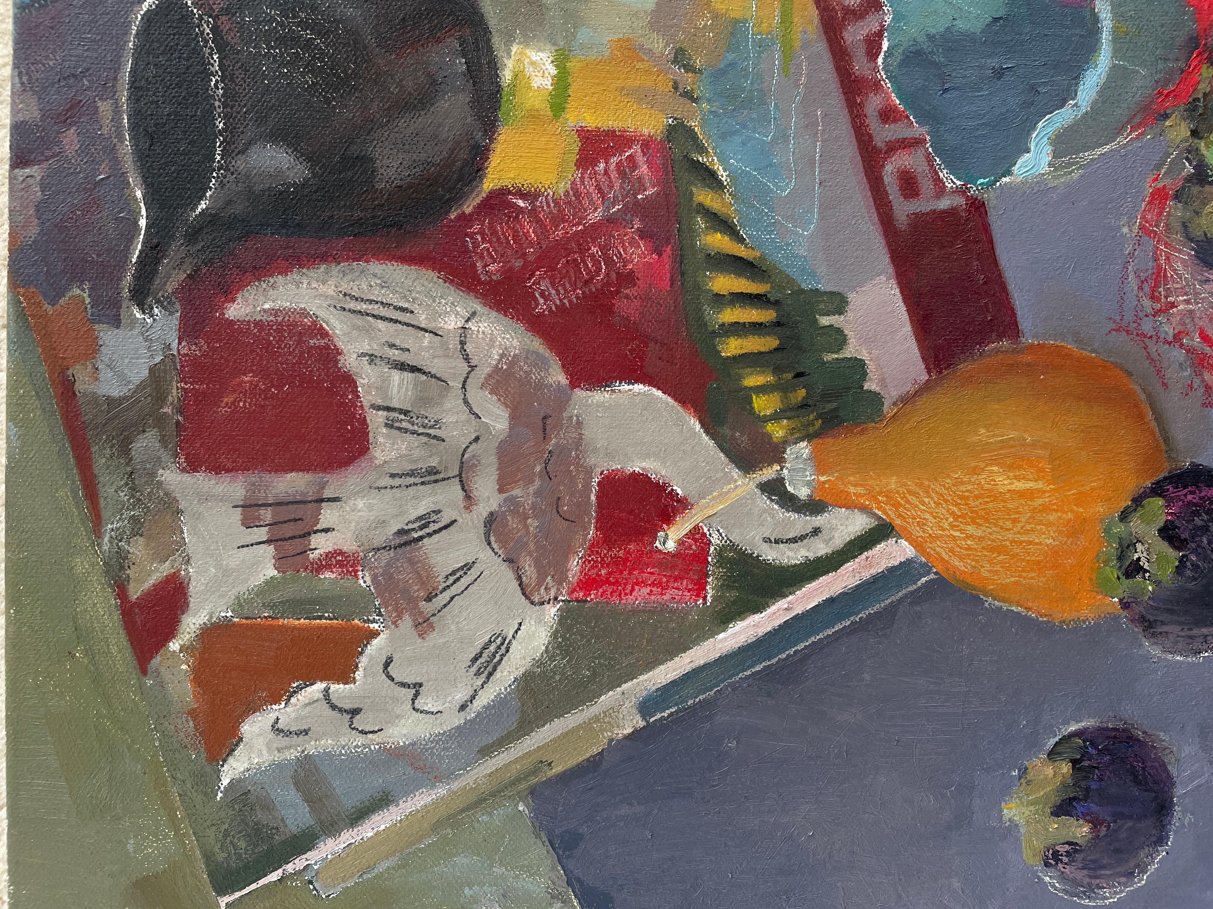 „Braque and mangosteens“, quadratisch, modernes Stillleben, lebendig, Mischtechniken (Grau), Still-Life Painting, von Irina Forrester