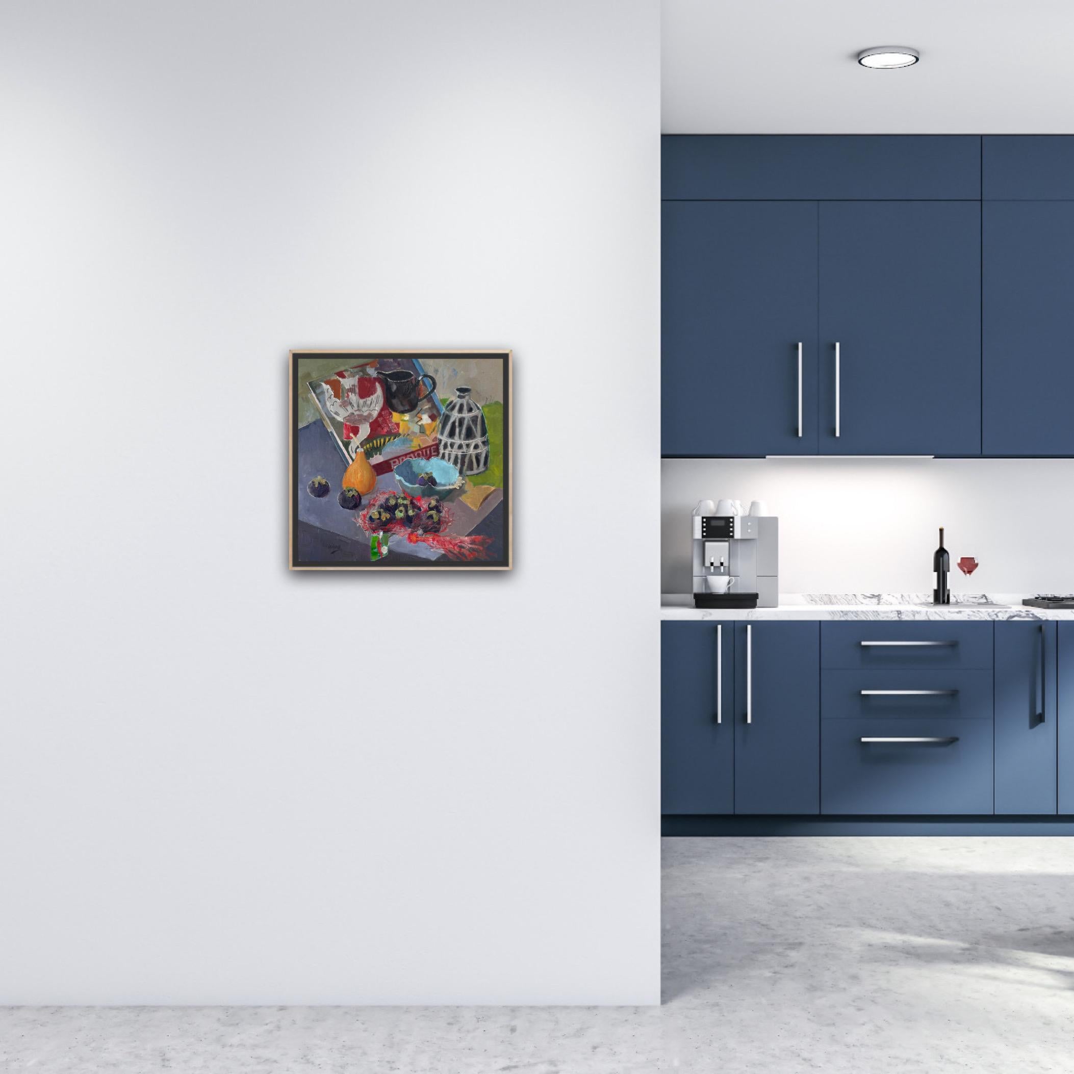 „Braque and mangosteens“, quadratisch, modernes Stillleben, lebendig, Mischtechniken im Angebot 3