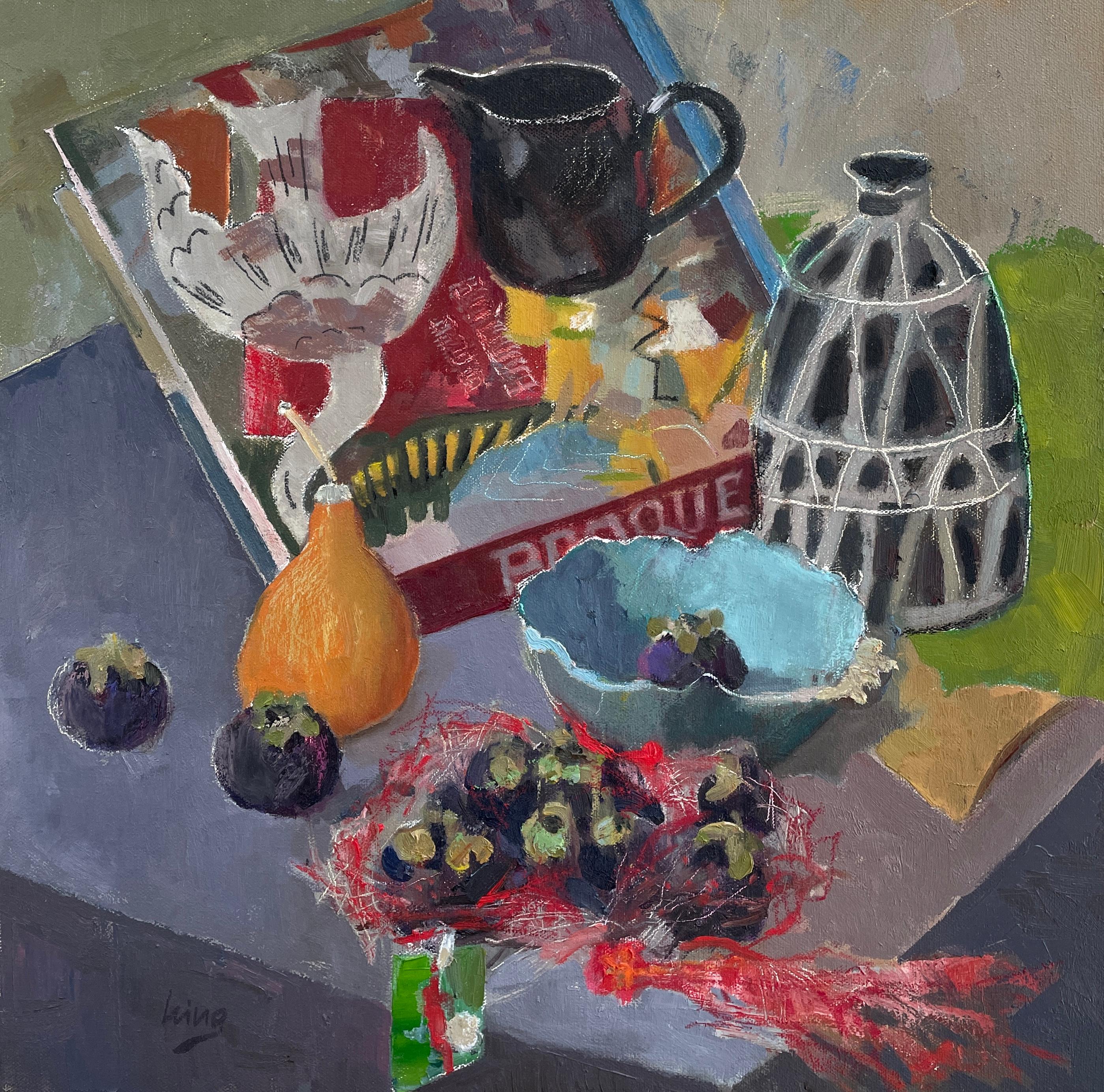 Irina Forrester Still-Life Painting – „Braque and mangosteens“, quadratisch, modernes Stillleben, lebendig, Mischtechniken