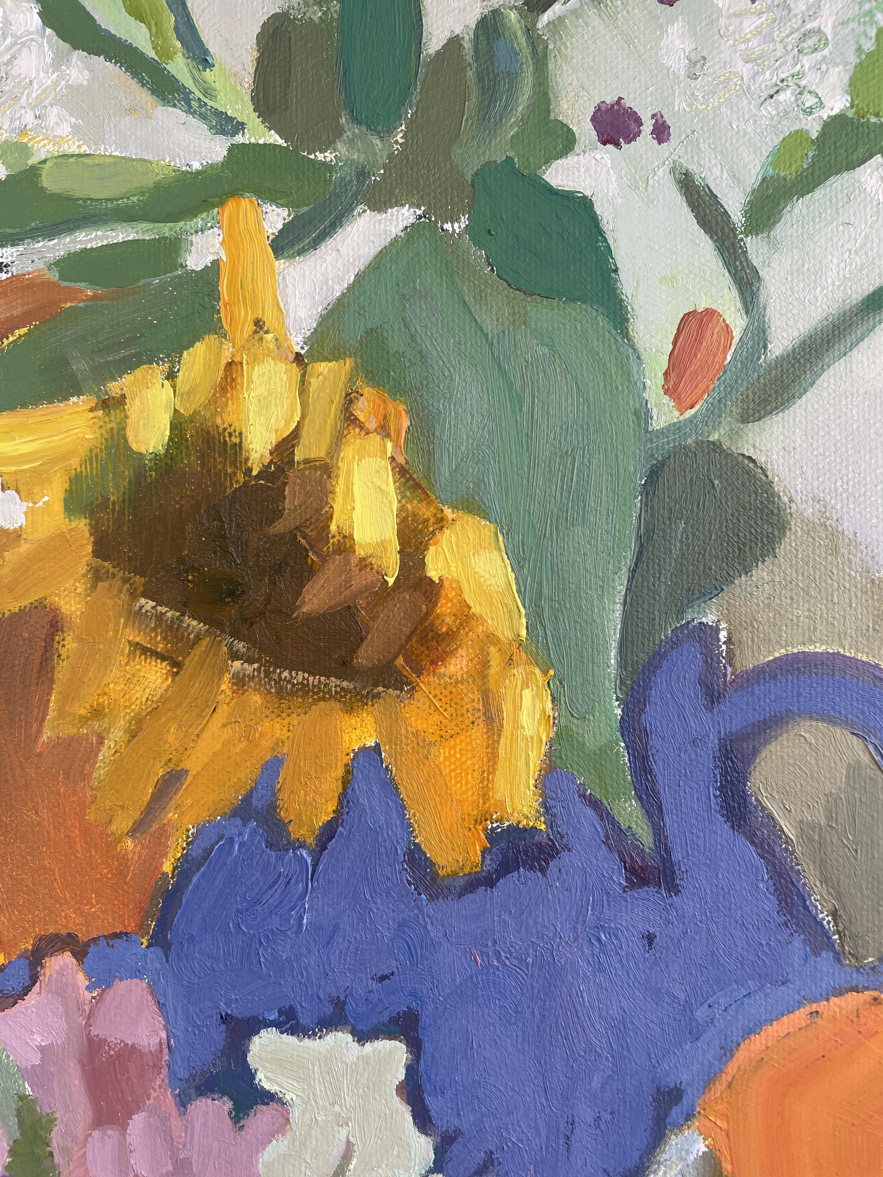 „British Summer“, 2025, Stillleben, vertikal, lebendig, Blumen, Früchte, modern im Angebot 2