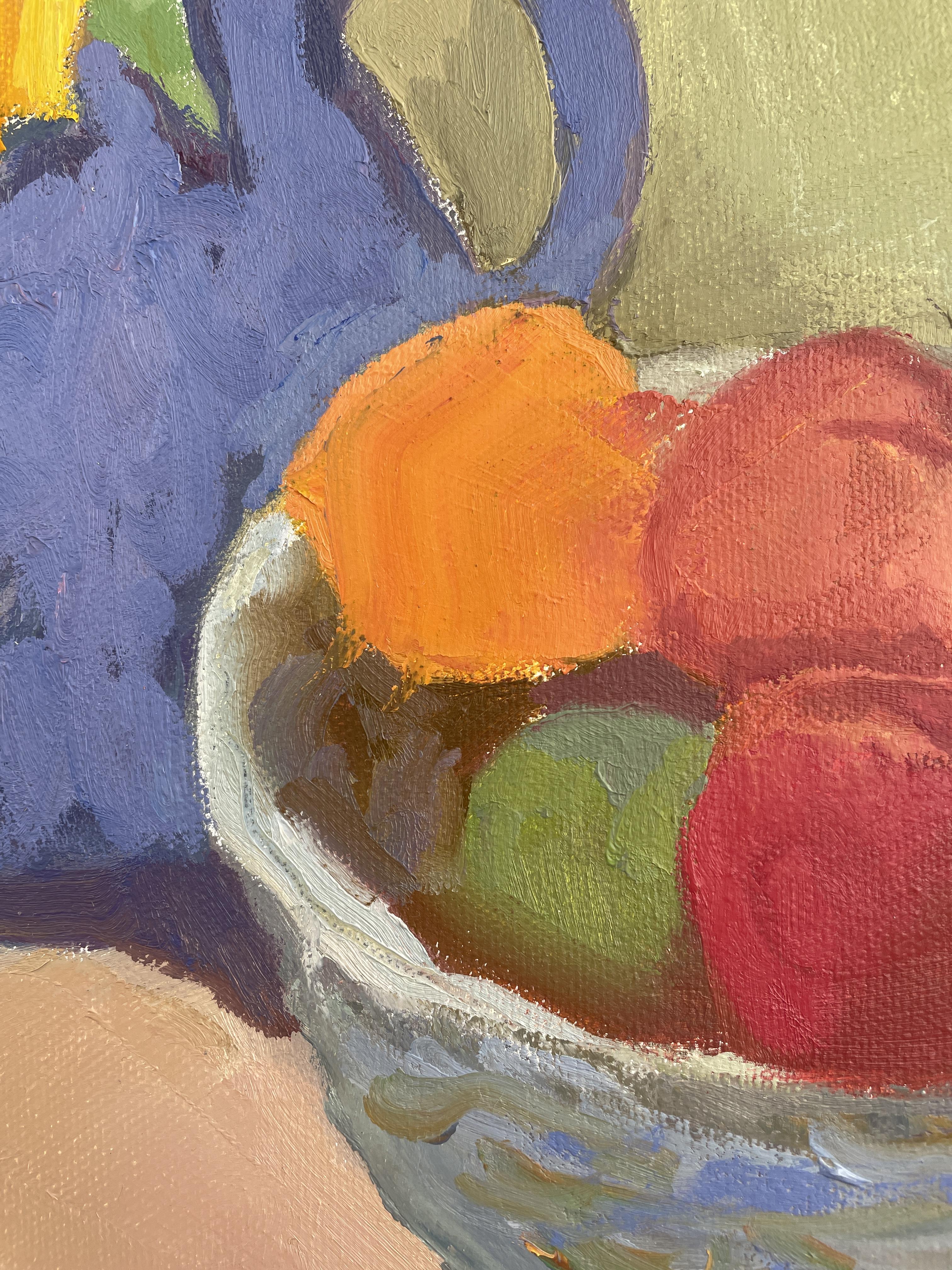 „British Summer“, 2025, Stillleben, vertikal, lebendig, Blumen, Früchte, modern im Angebot 3