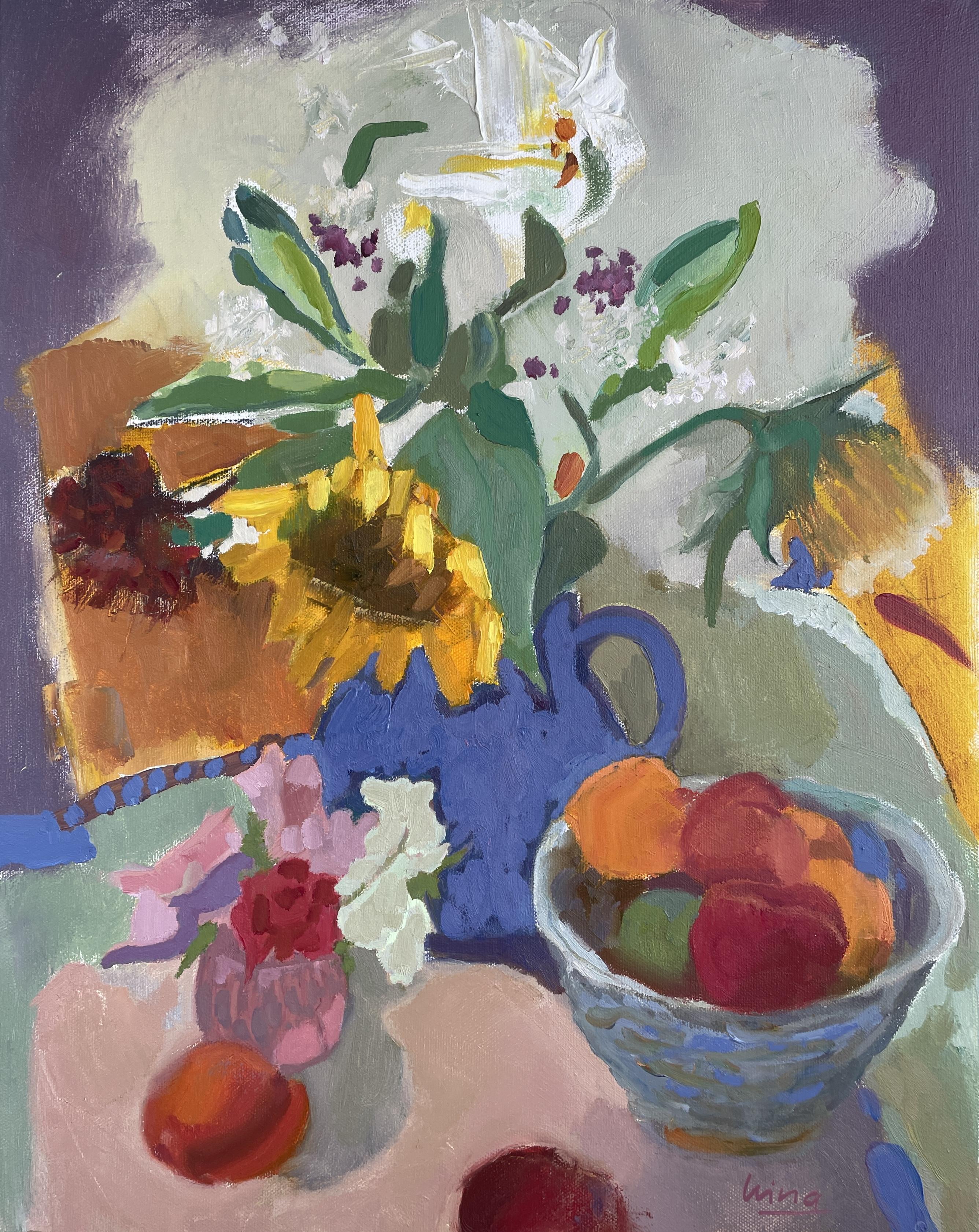 "British Summer", 2025, still life, vertical, vibrant, flowers, fruit, modern