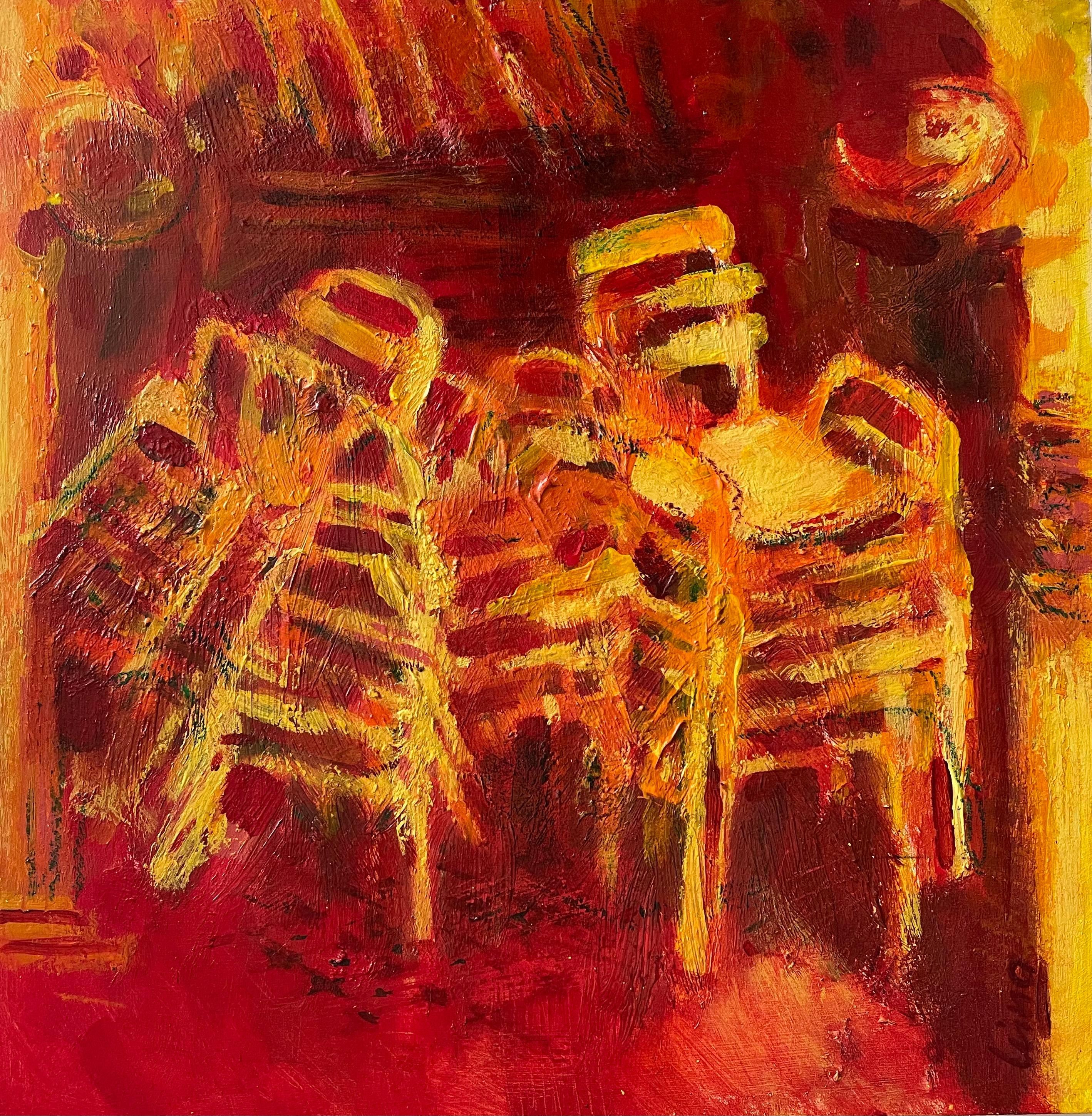 Figurative Painting de Irina Forrester - "Sillas, Haji Lane", rojo, amarillo, cuadrado, semiabstracto, Singapur, técnica mixta