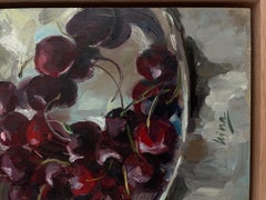 "Cherries and Silver Jug", still life, neutral, modern, square, deep red, gray