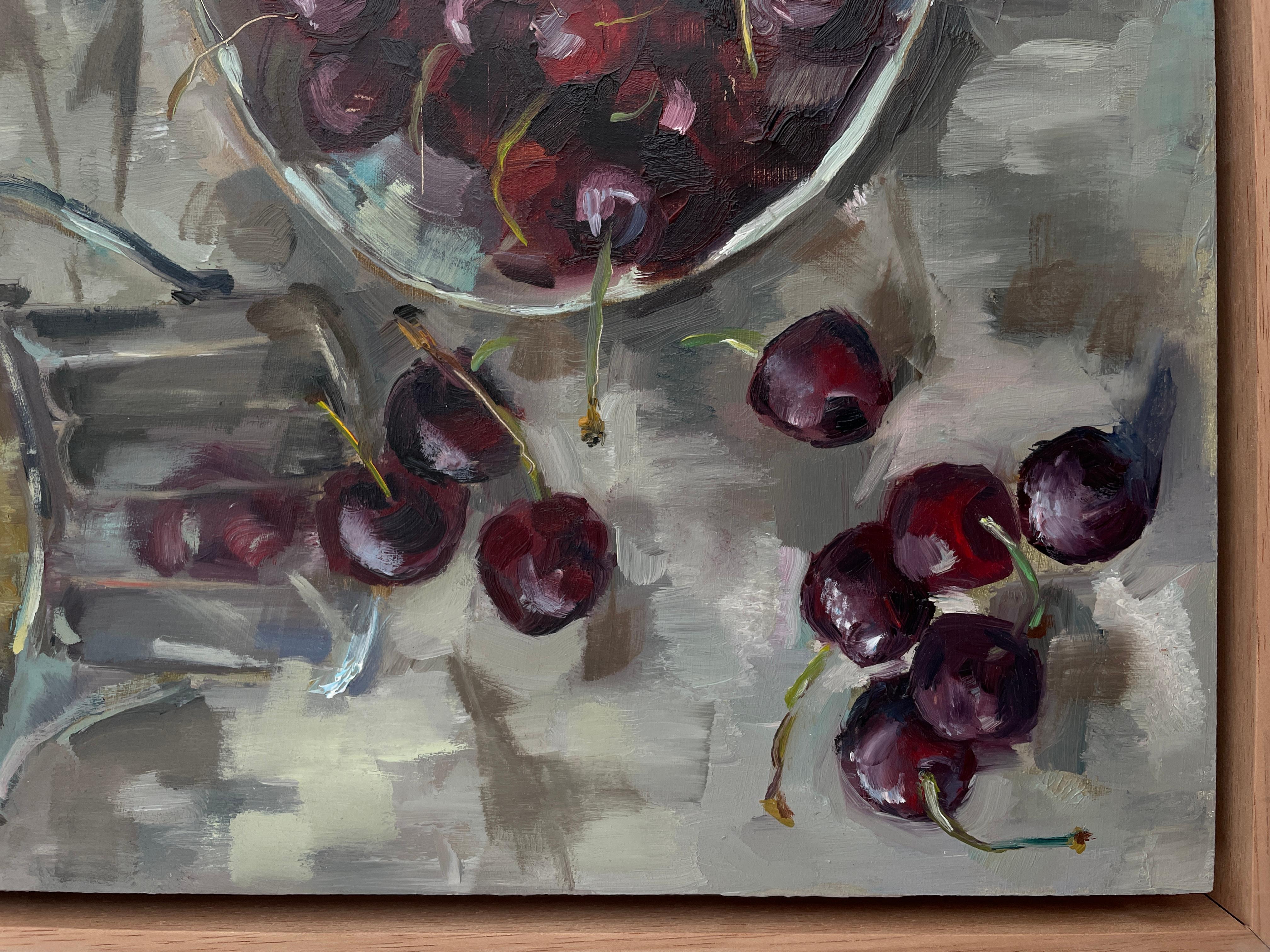 This exquisite oil painting captures a serene still life scene featuring a bowl of luscious  red cherries accompanied by a silver jug. The artist's skillful use of light and shadow emphasizes the richness of the cherries' deep red hues and the