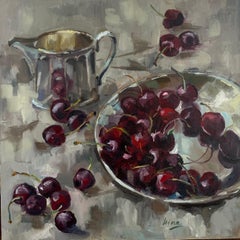 "Cherries and Silver Jug", still life, neutral, modern, square, deep red, gray