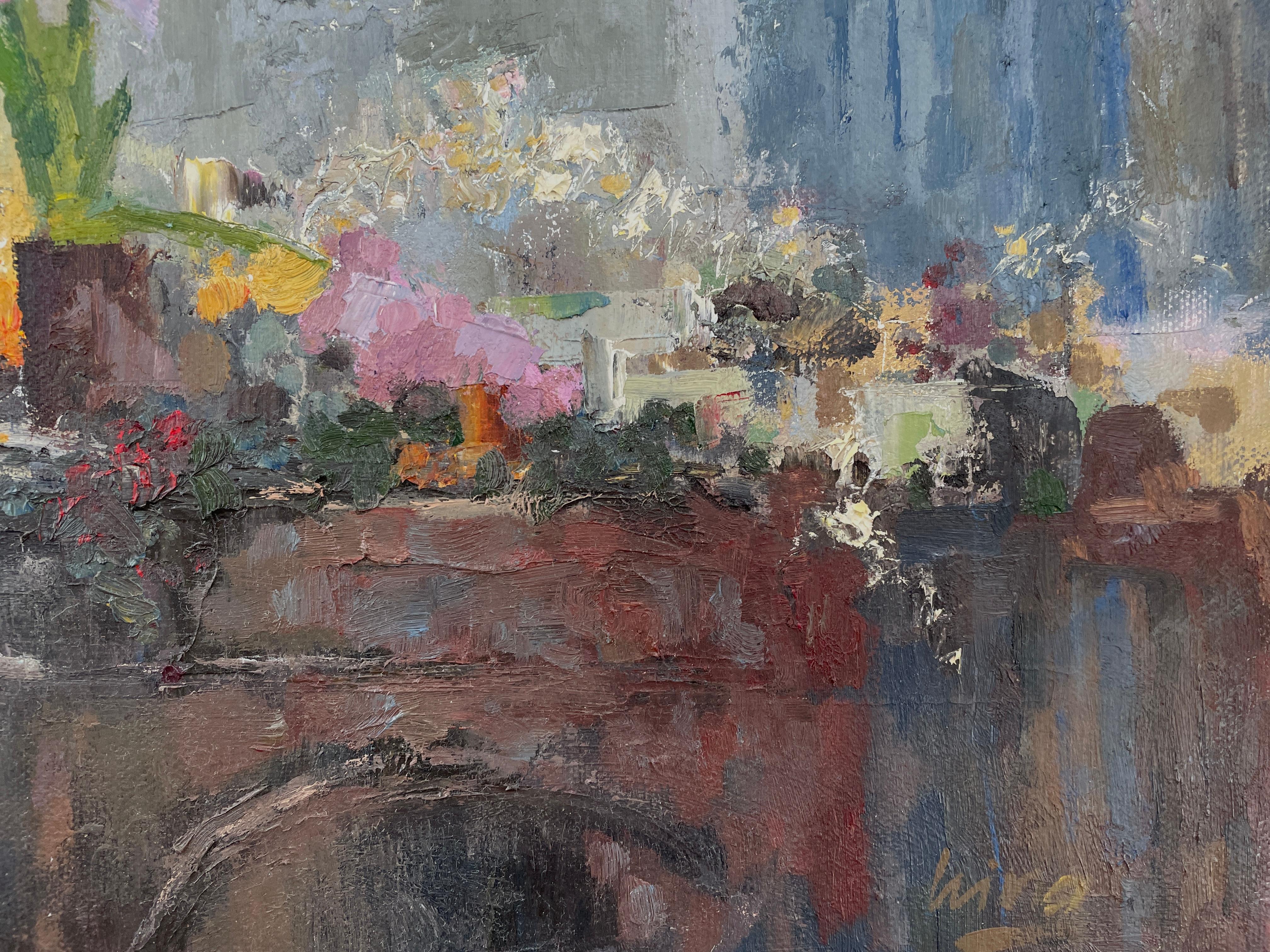 The painting is inspired by the quiet magic of a festive family holiday in the UK. Soft pink hyacinths, the artist's favorite decoration for the winter interior, bloom gracefully from a pot, their delicate petals standing out against a layered