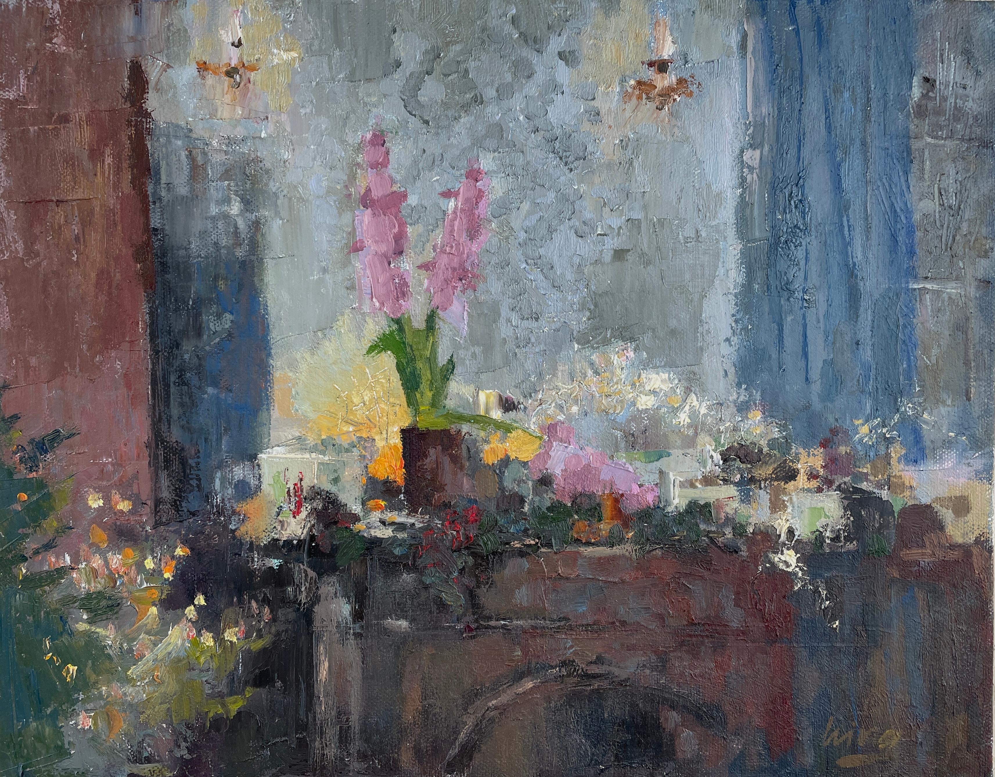 Irina Forrester Interior Painting - "Christmas interior", horizontal, Christmas, interior, moody, impasto