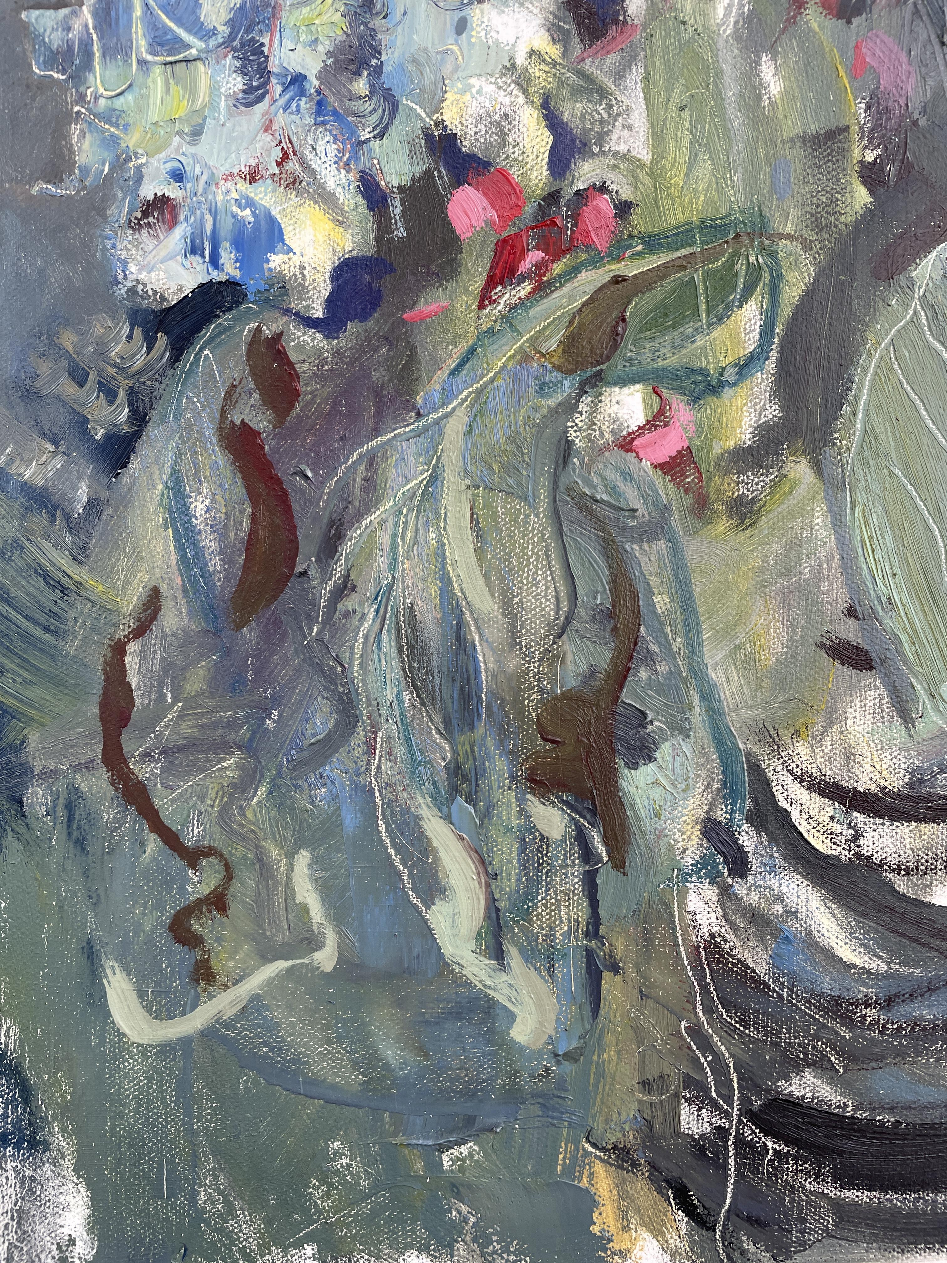 Expression bleue, fleurs, bleue, expressive, verticale, hortensia - Painting de Irina Forrester