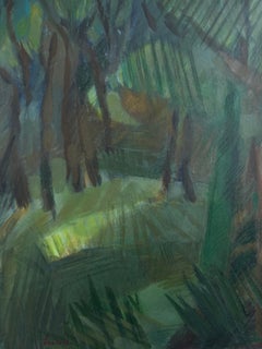 "Waldschatten", grün, braun, Landschaftsmalerei, Papier, vertikal, Mischtechnik