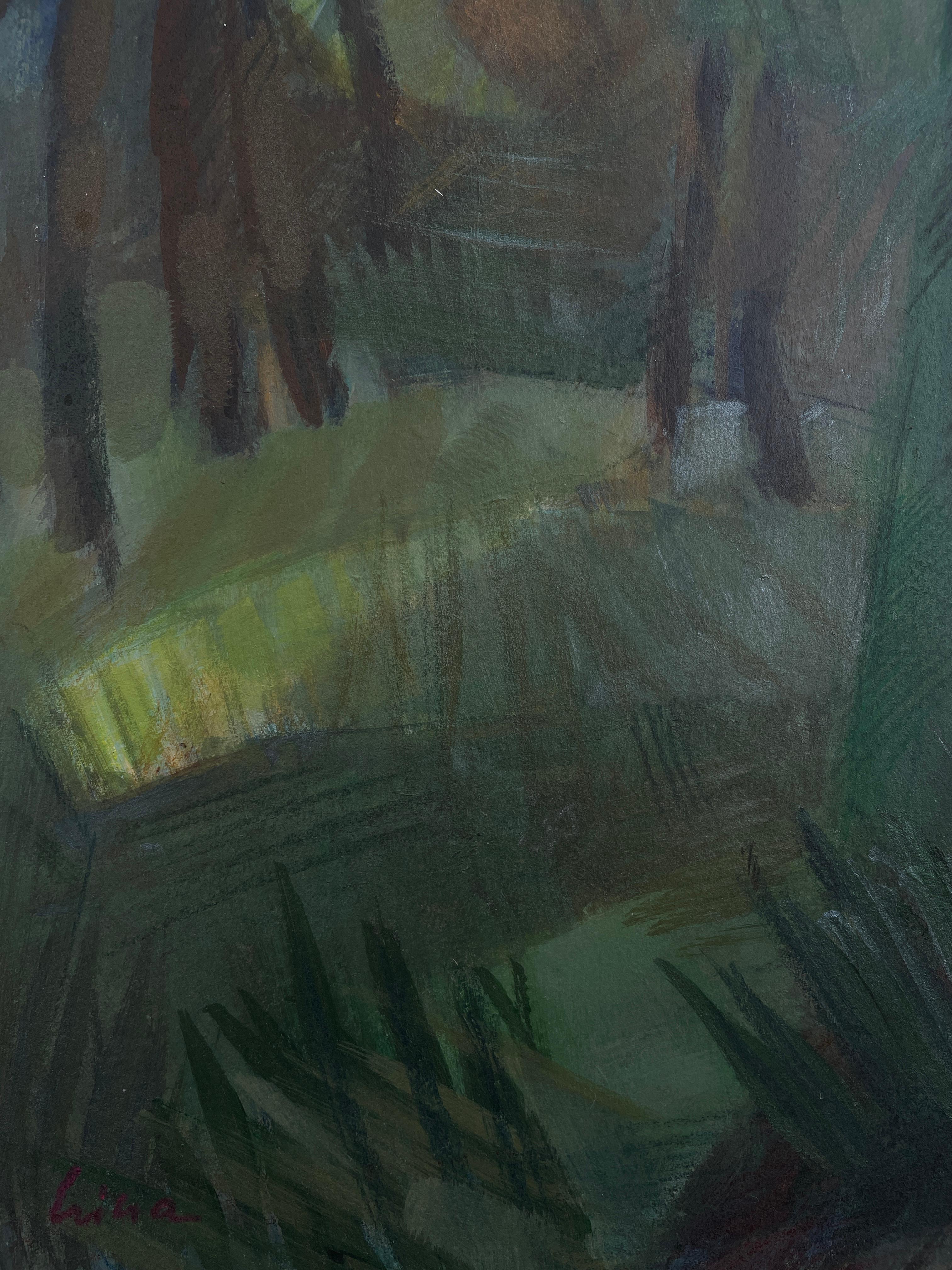 Questo espressivo schizzo a tecnica mista su carta (studio per un dipinto di grandi dimensioni) cattura l'essenza di un fitto paesaggio forestale con pennellate audaci e texture stratificate. Il gioco di verdi scuri e chiari crea profondità e