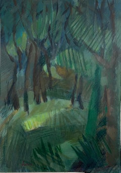"Sombras del bosque", verde, marrón, pintura de paisaje, papel, vertical, técnica mixta