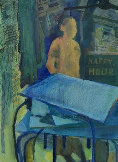 "Scena notturna, Haji Lane", scena di un caffè, blu, lunatico, piccolo quadrato, tecnica mista