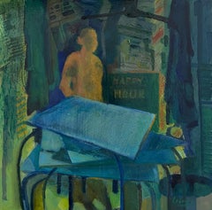 "Escena nocturna, Haji Lane", escena de café, azul, malhumorado, cuadrado pequeño, técnica mixta