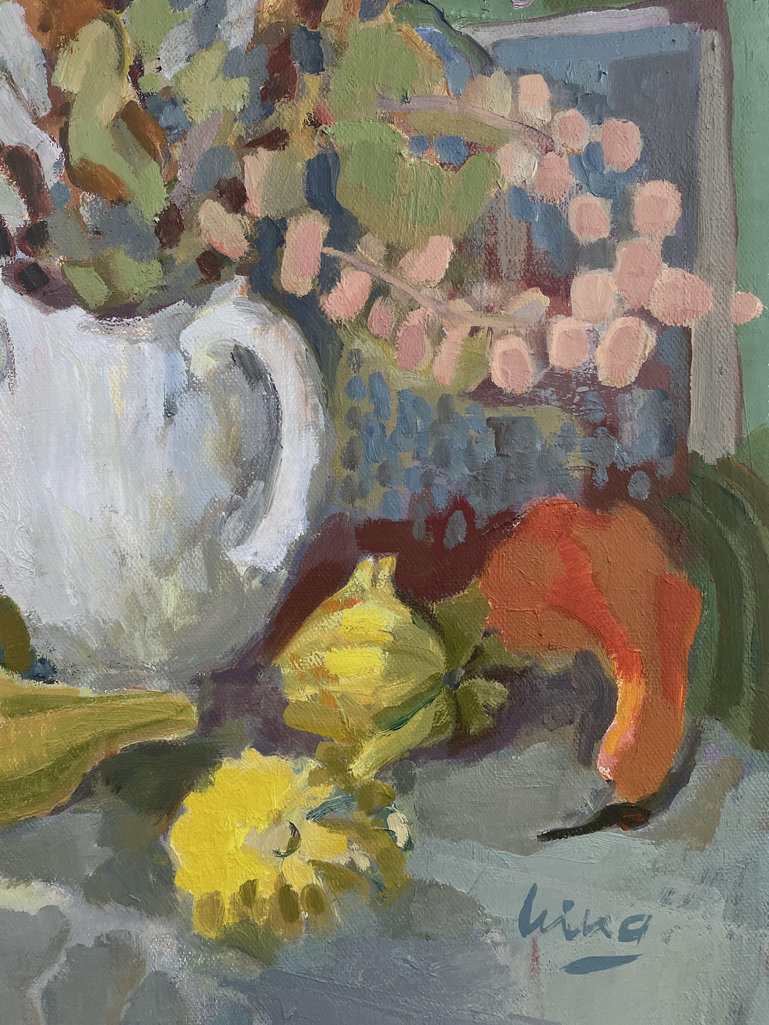 A tender still life composed from observation, Notes from the Garden Table brings together garden blooms and ornamental gourds in a poetic dialogue of colour and form. The soft, diffused light reveals a quiet moment where delicate blue and pink