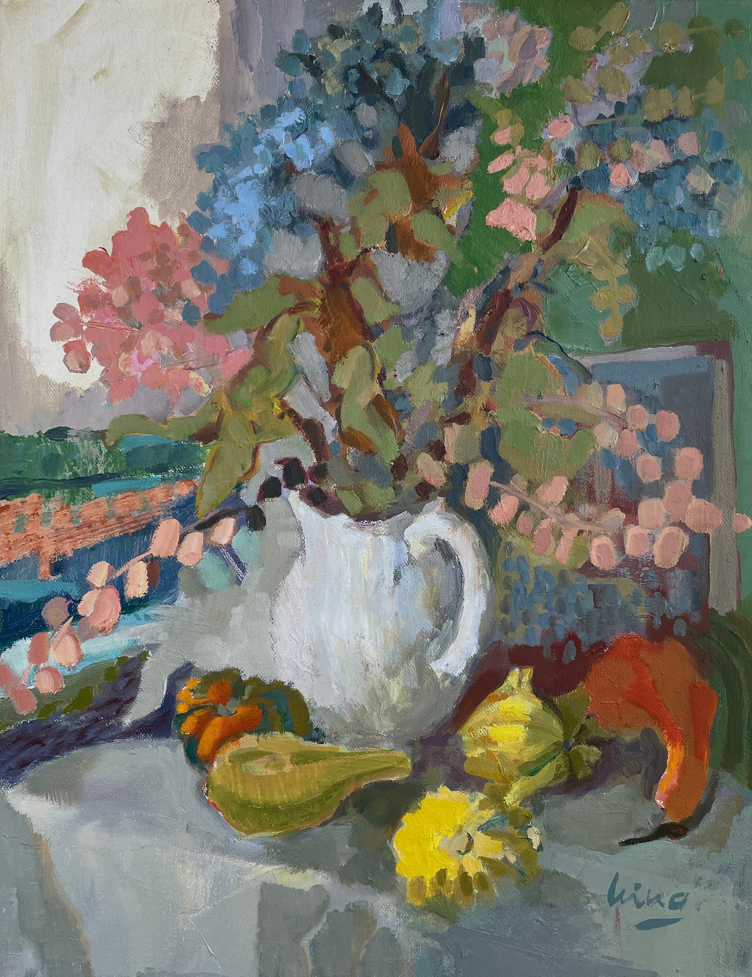 "Notas desde la mesa del jardín", vertical, contemporáneo, bodegón, otoño, óleo