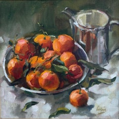 "Arance e una brocca d'argento", quadrato, natura morta, arancione, grigio, verde, classico