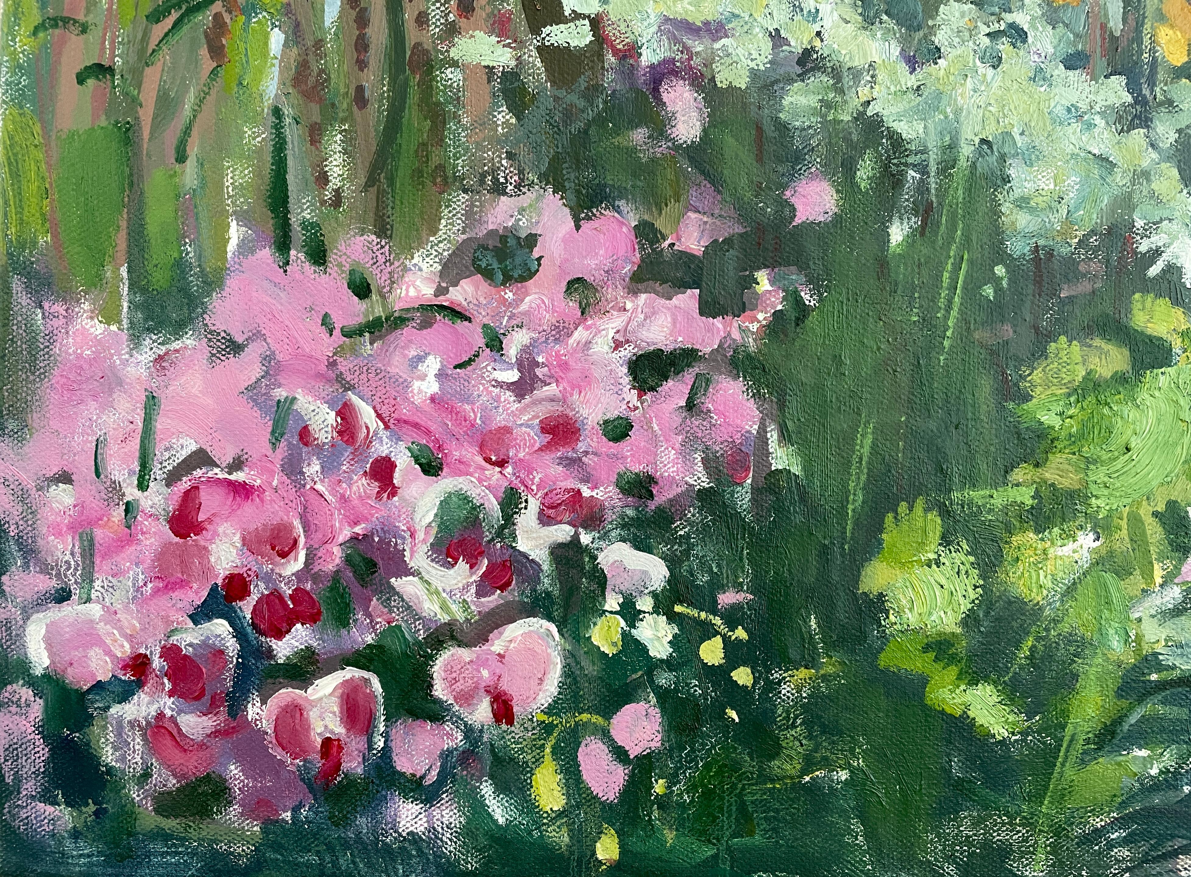 « Coin orchidée dans les jardins botaniques », horizontal, floral, impressionniste - Painting de Irina Forrester