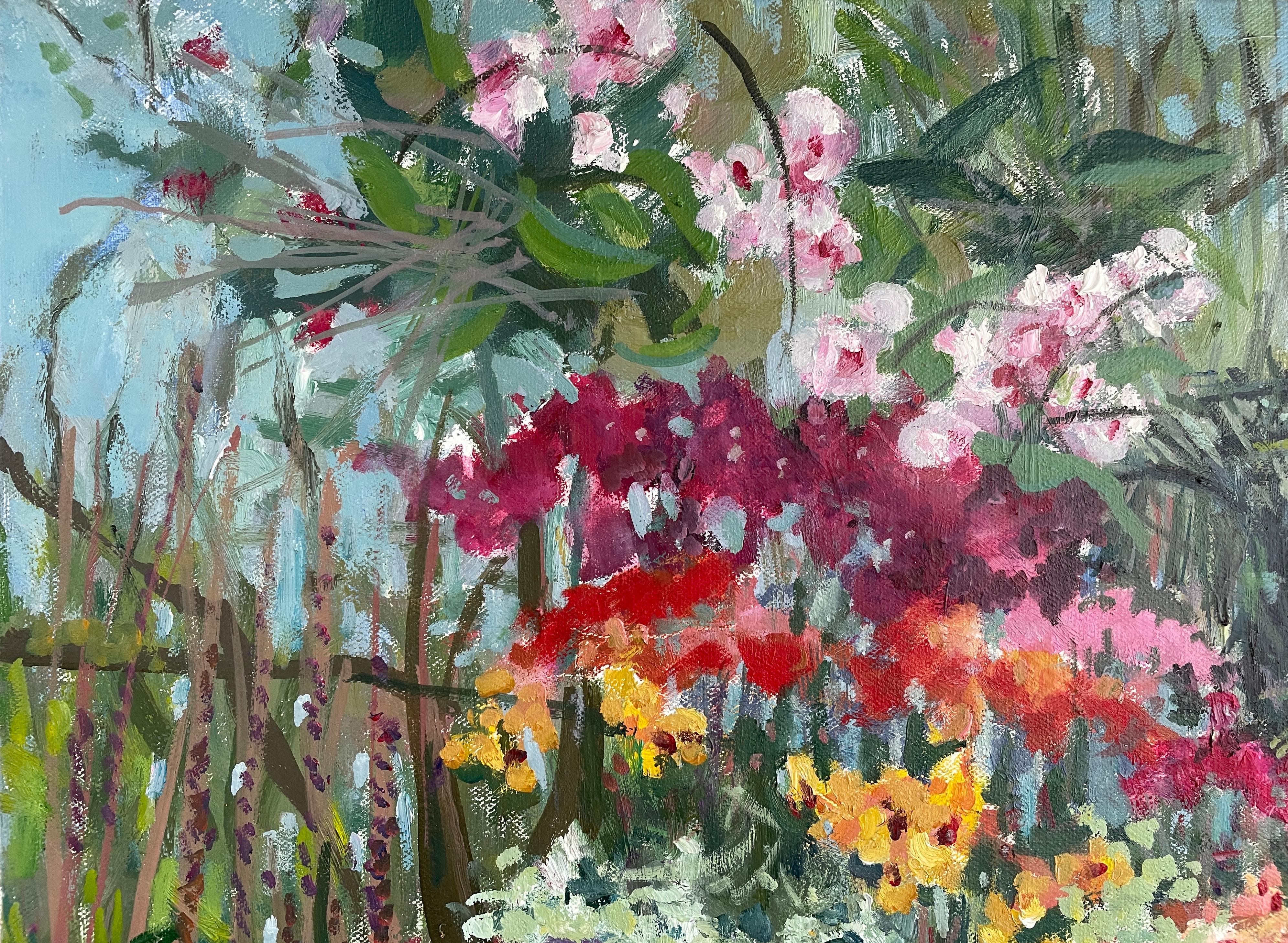 « Coin orchidée dans les jardins botaniques », horizontal, floral, impressionniste - Gris Landscape Painting par Irina Forrester