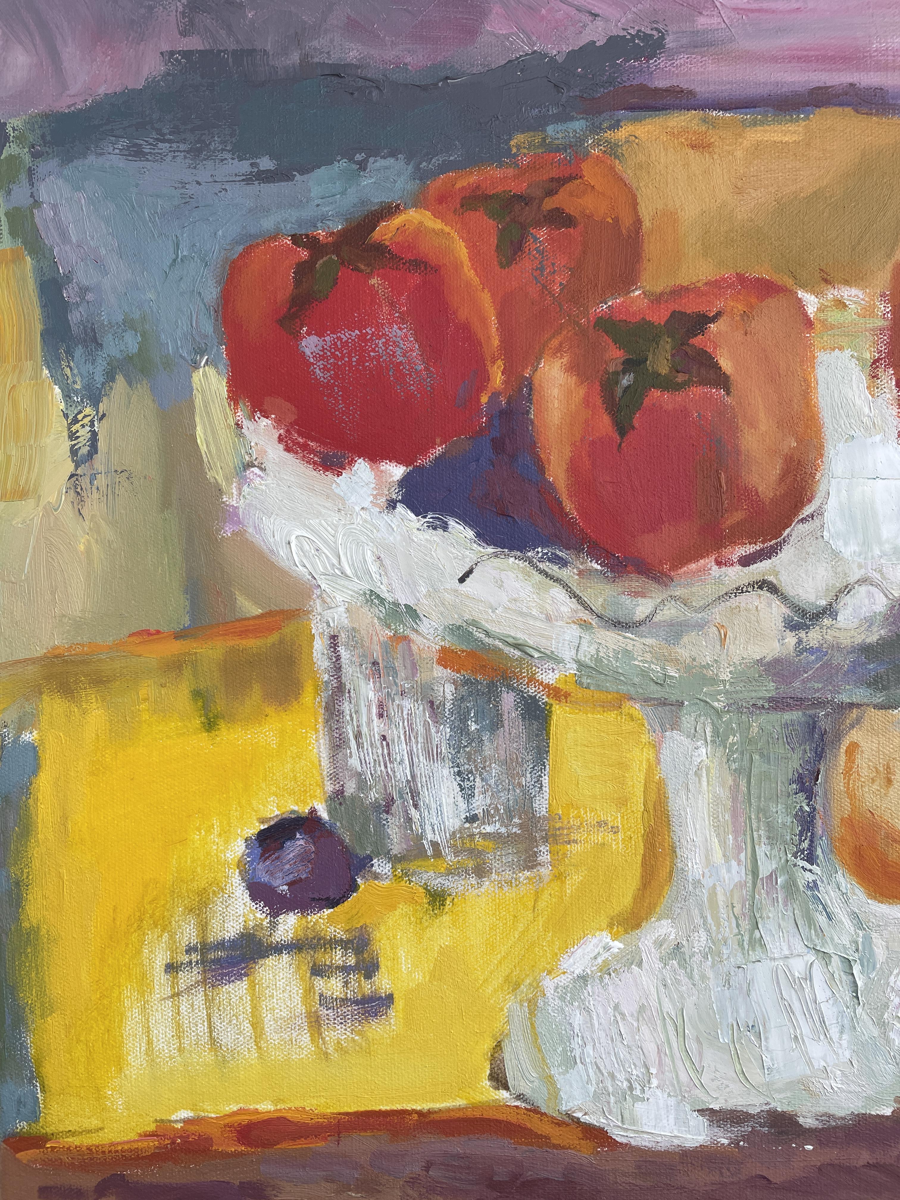 „Persimmons in einer weißen Vase“, Früchte, Rot, Orange, Rosa, Stillleben – Painting von Irina Forrester