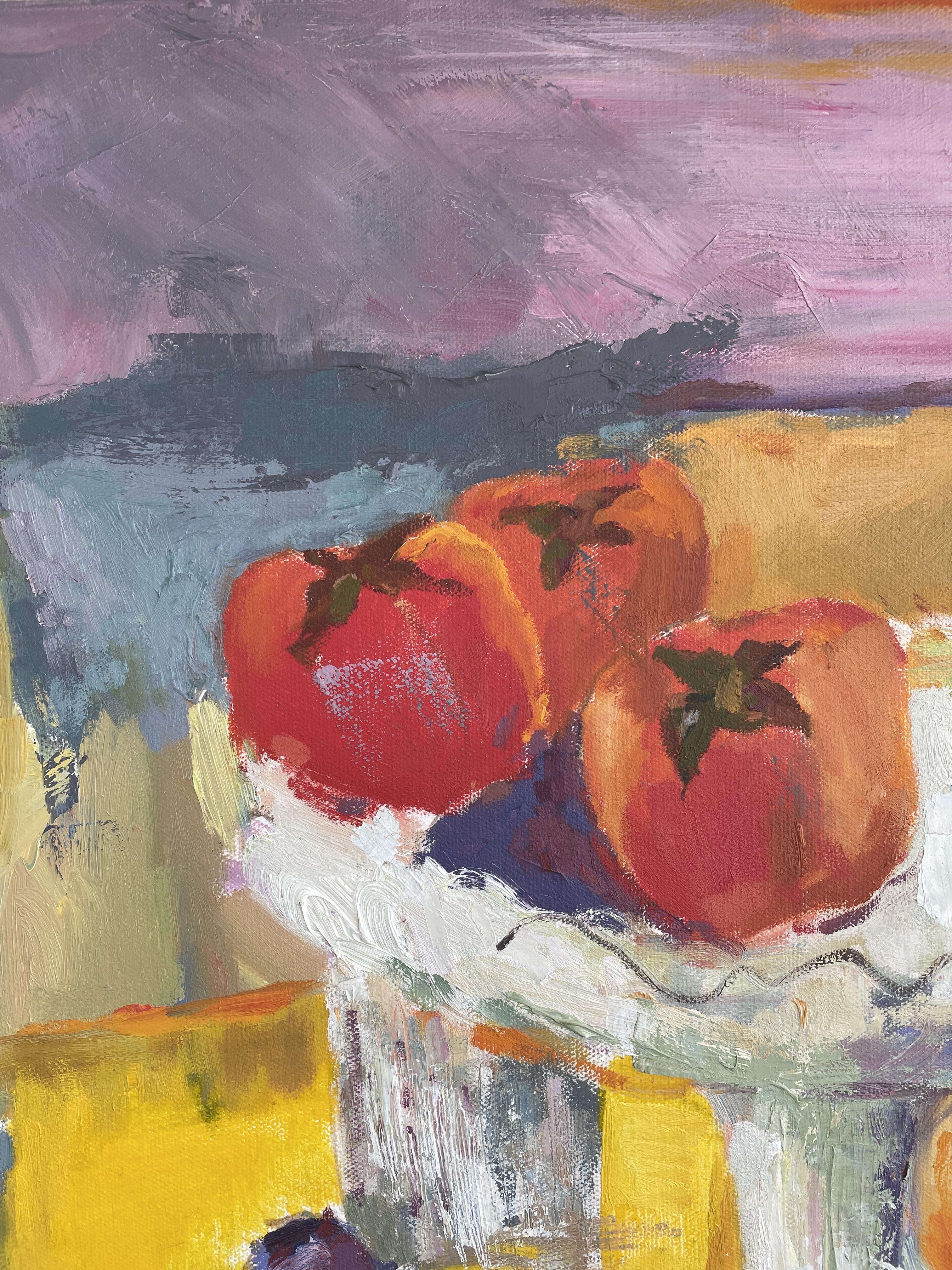 „Persimmons in einer weißen Vase“, Früchte, Rot, Orange, Rosa, Stillleben (Post-Impressionismus), Painting, von Irina Forrester