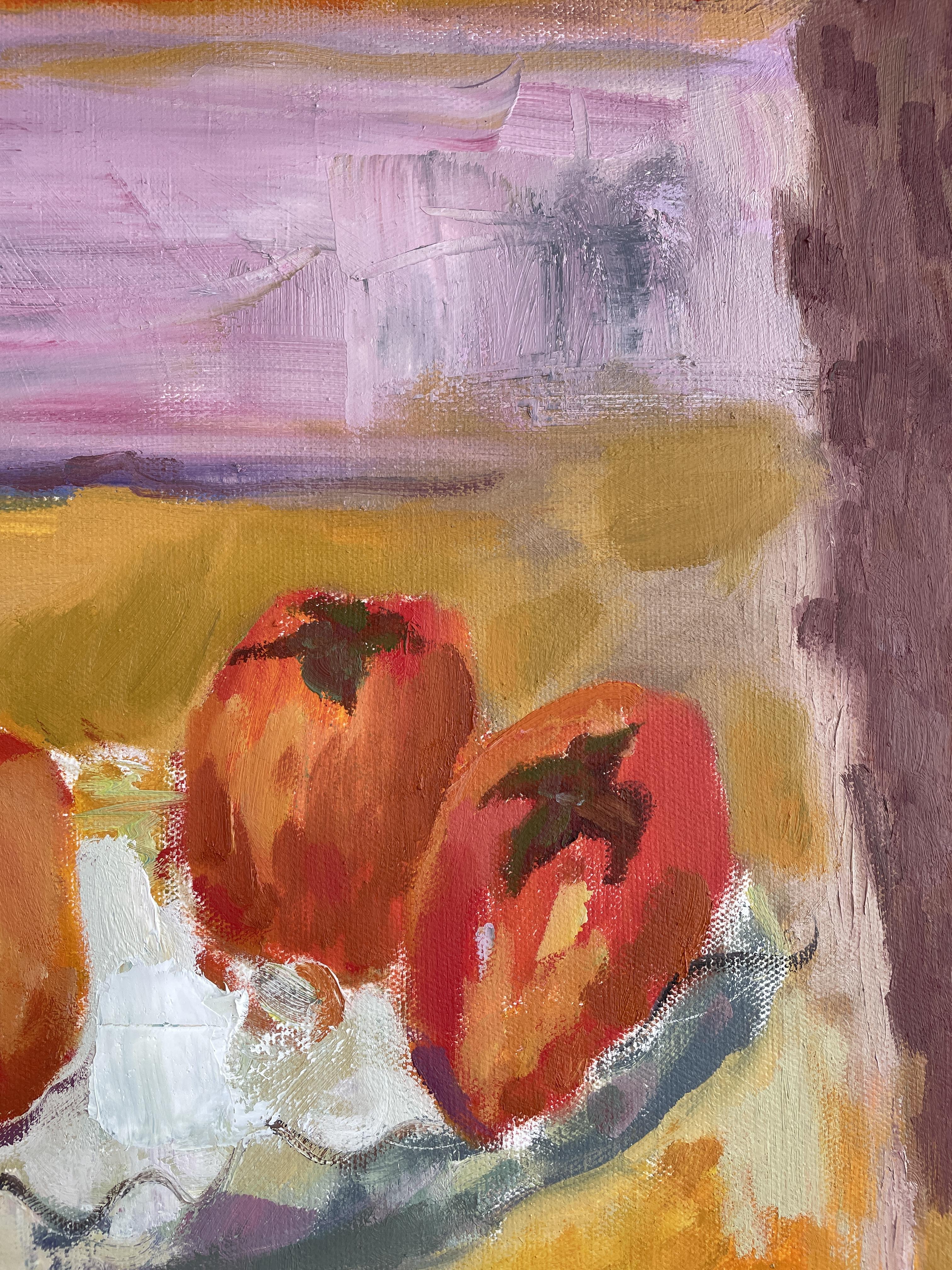 „Persimmons in einer weißen Vase“, Früchte, Rot, Orange, Rosa, Stillleben (Braun), Still-Life Painting, von Irina Forrester