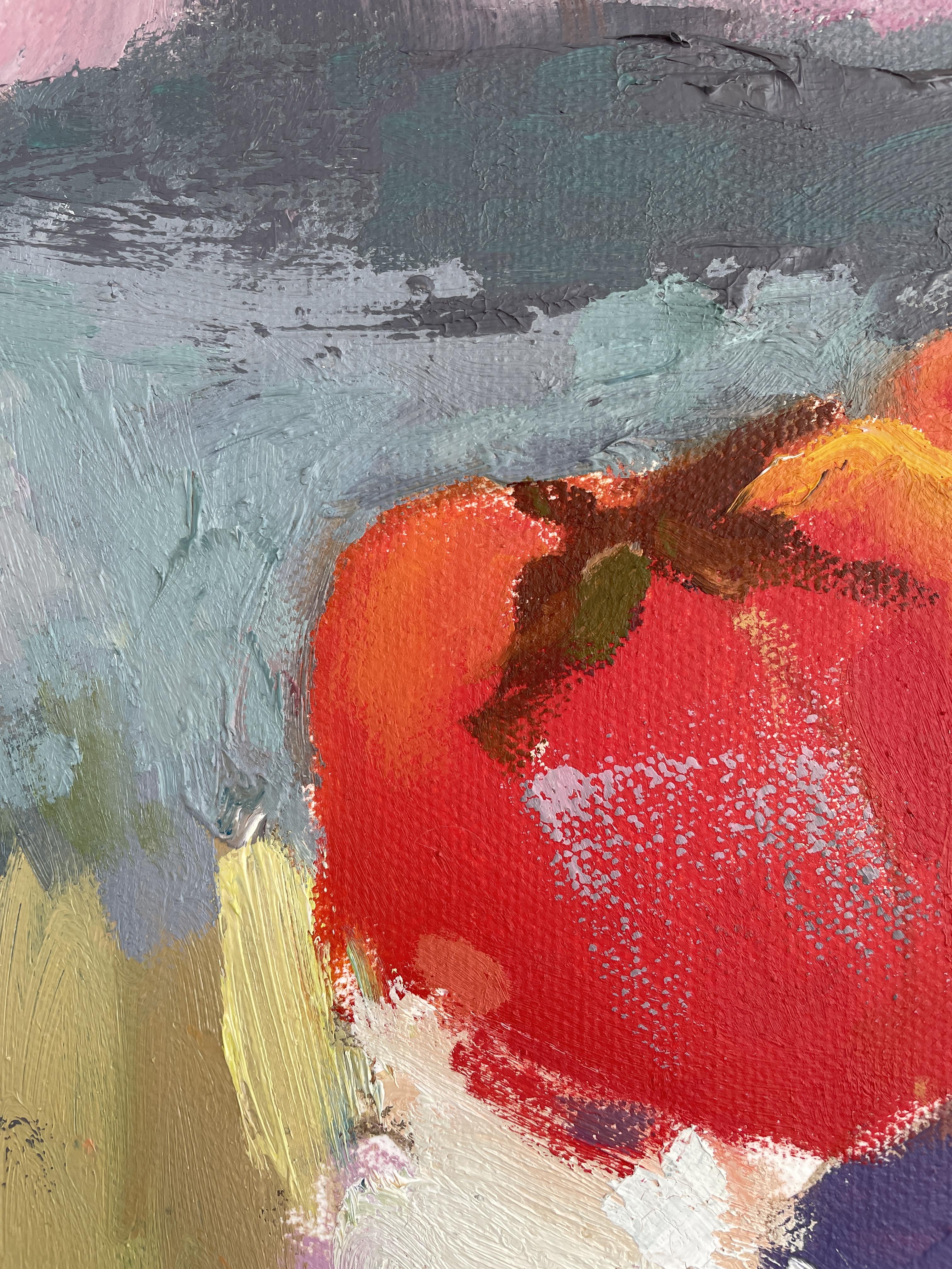 „Persimmons in einer weißen Vase“, Früchte, Rot, Orange, Rosa, Stillleben im Angebot 3