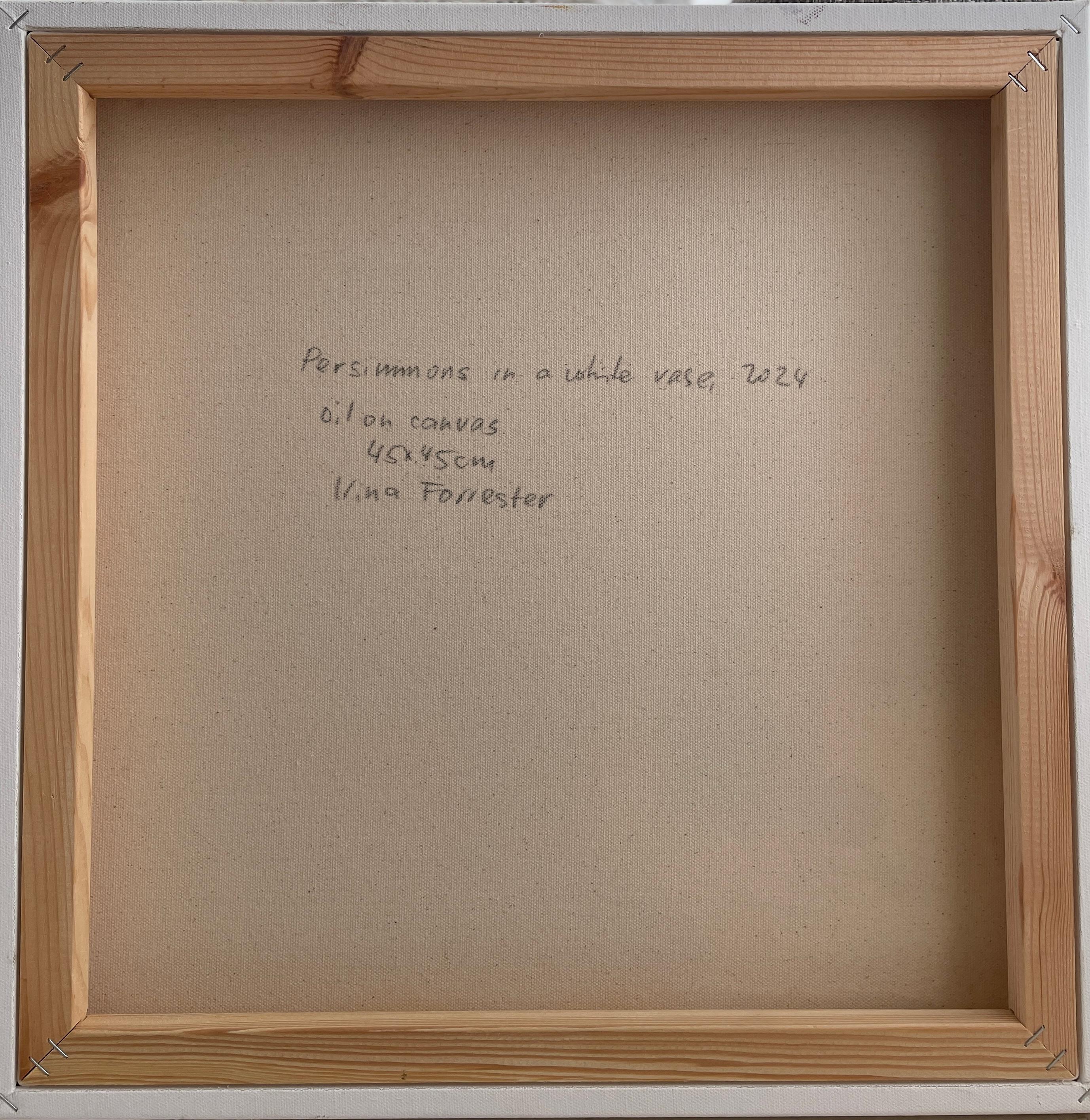 „Persimmons in einer weißen Vase“, Früchte, Rot, Orange, Rosa, Stillleben im Angebot 4