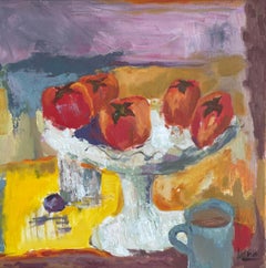 „Persimmons in einer weißen Vase“, Früchte, Rot, Orange, Rosa, Stillleben
