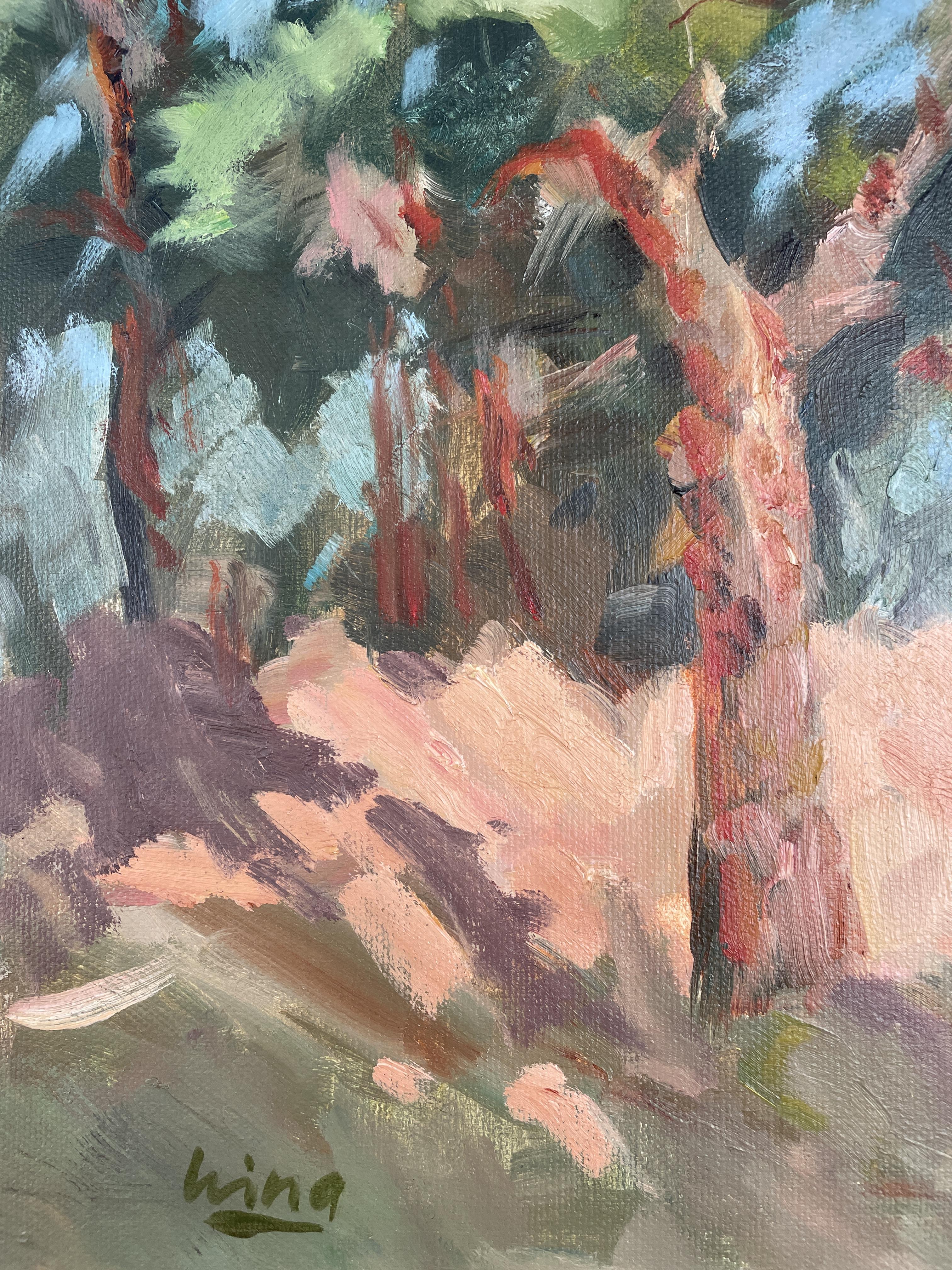 Pinienbäume in Algrave, horizontal, Landschaft, Öl, realistisch – Painting von Irina Forrester