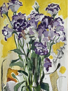 "Purple flowers", modern still life, yellow, purple, vertical, oil paining