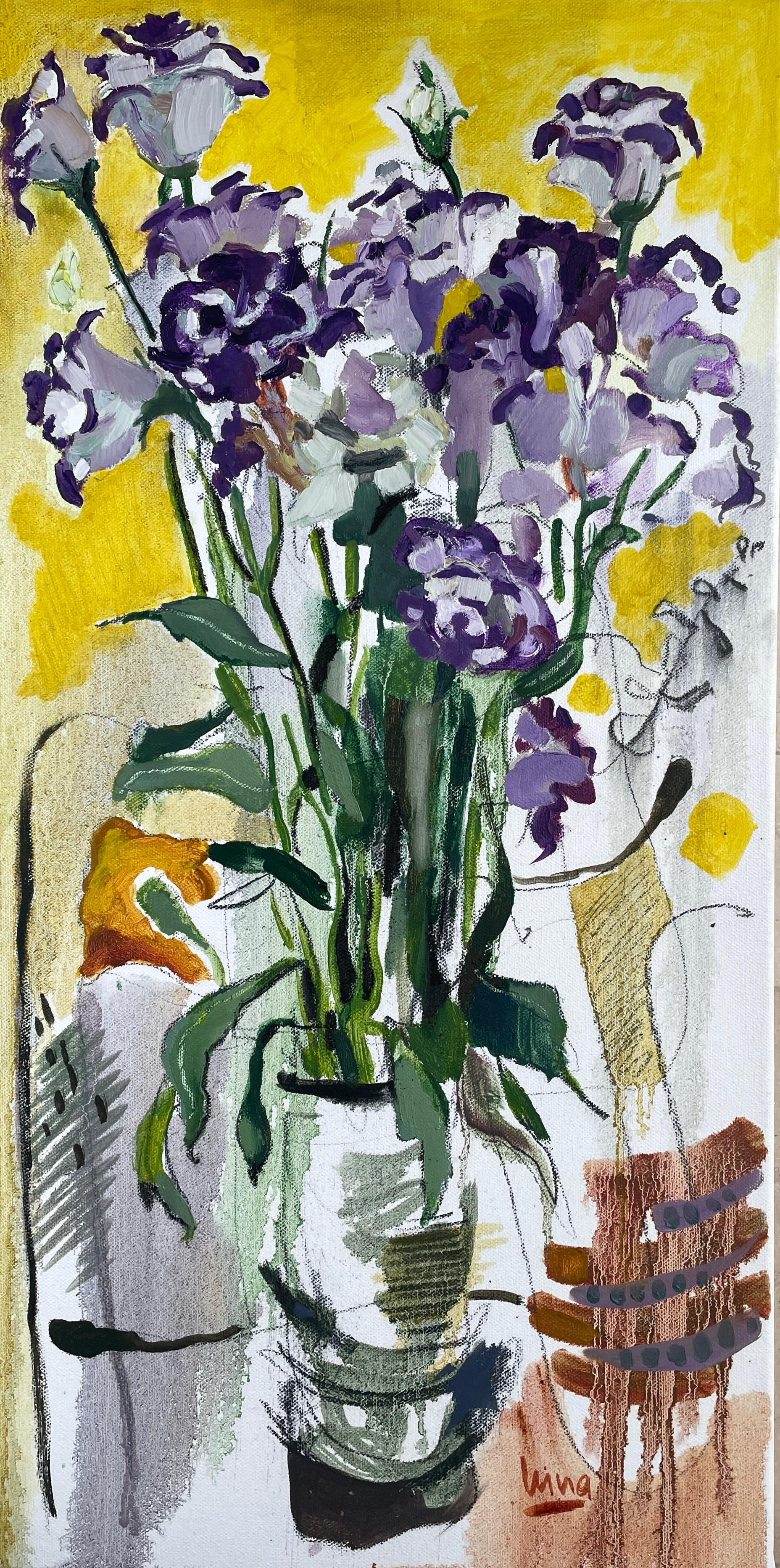 "Flores moradas", bodegón moderno, amarillo, morado, vertical, pintura al óleo