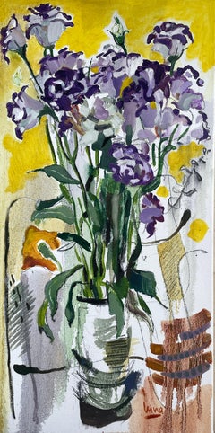 "Flores moradas", bodegón moderno, amarillo, morado, vertical, pintura al óleo