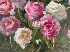 "Ranunculus", floral, small horizontal, pink, white, flowers, oil