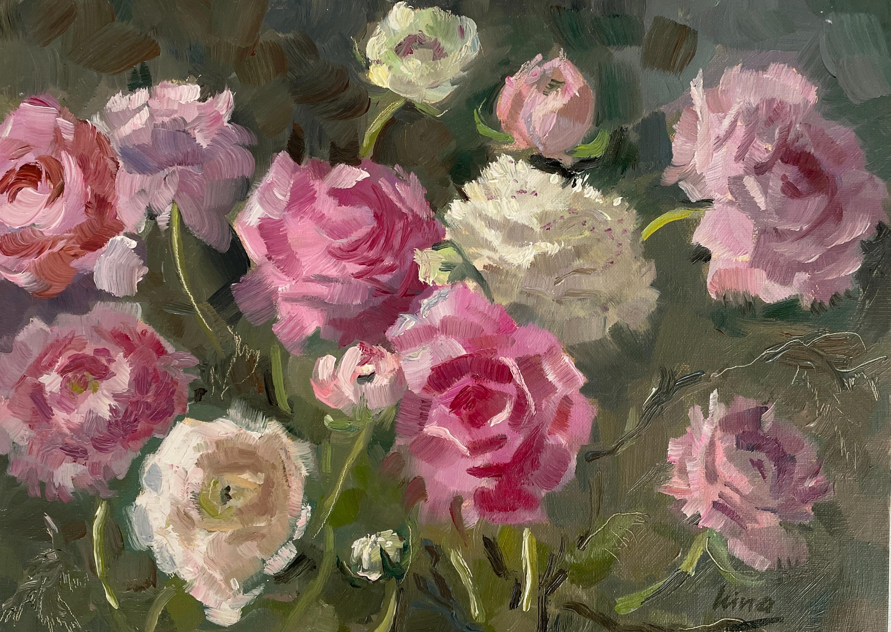 Irina Forrester Figurative Painting - "Ranunculus", floral, small horizontal, pink, white, flowers, oil