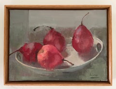 "Peras rojas", bodegón, rojo, pequeño, horizontal, fruta, bodegón contemporáneo