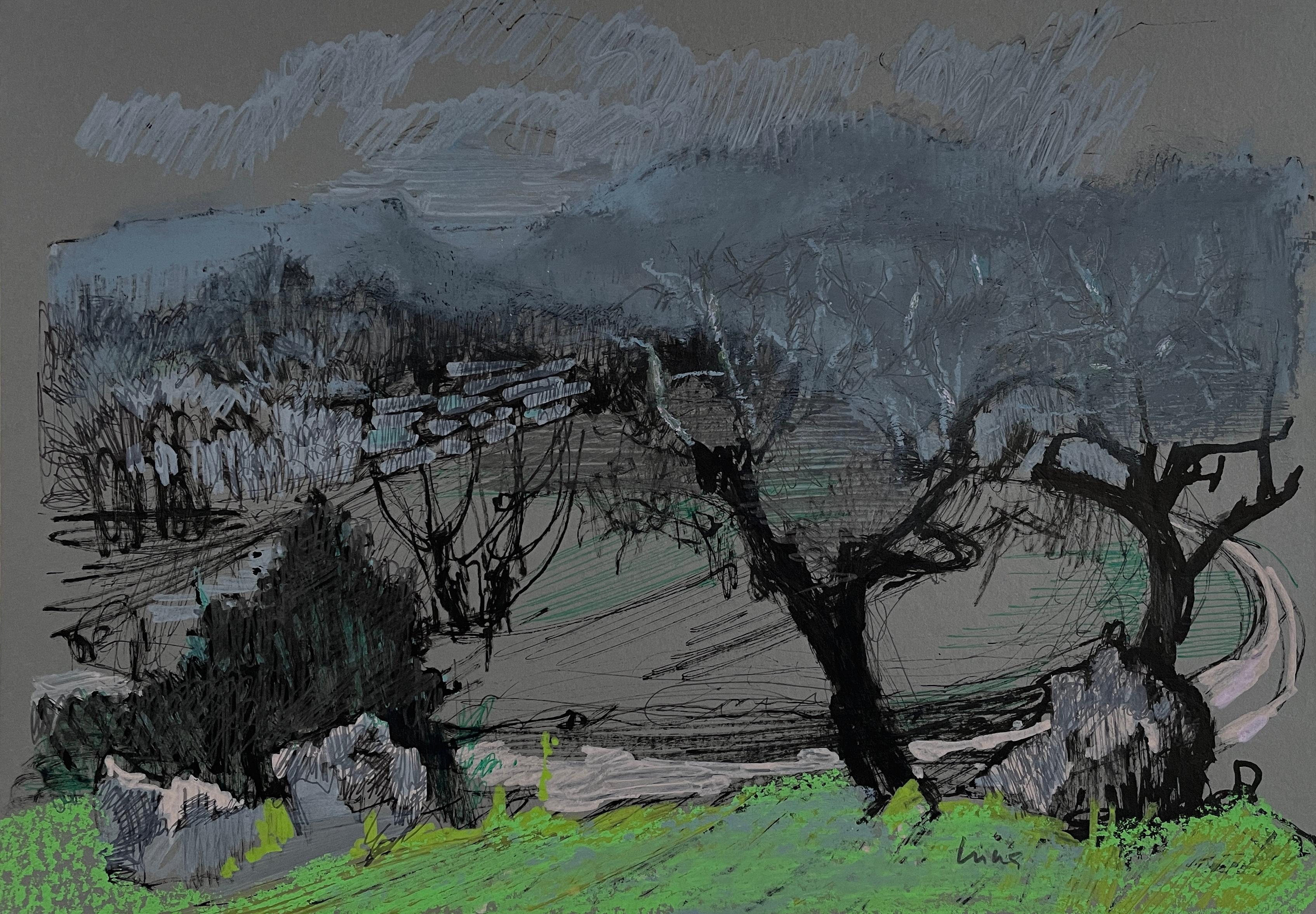 "Spanish countryside", 2025, spring, mixed media, drawing, horizontal, neutral