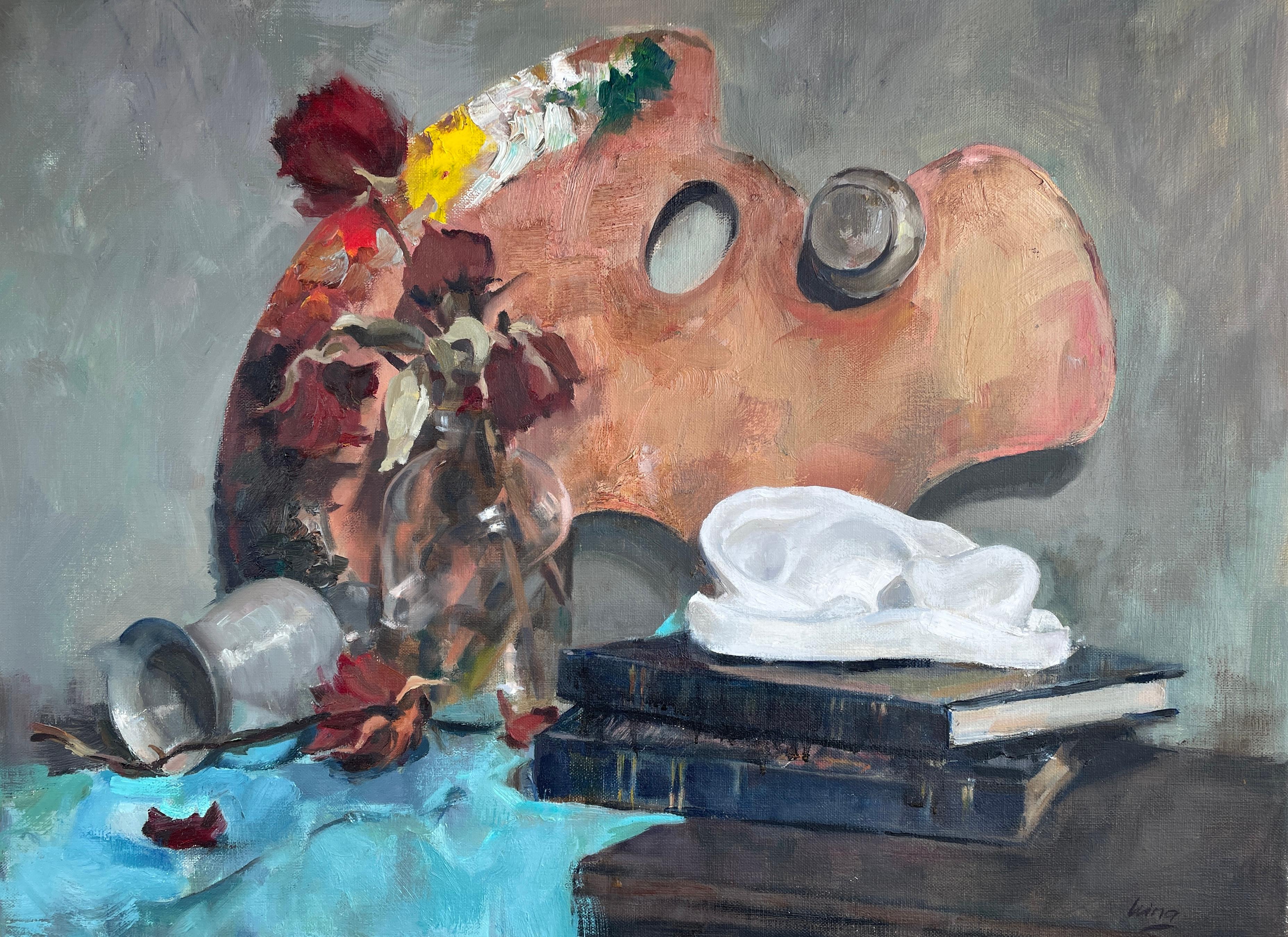 "Stilleben mit einer Künstlerpalette", horizontal, Ölgemälde, klassisch