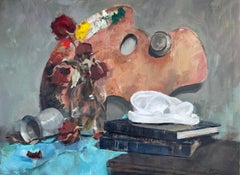 "Nature morte avec une palette d'artiste", horizontale, peinture à l'huile, classique.