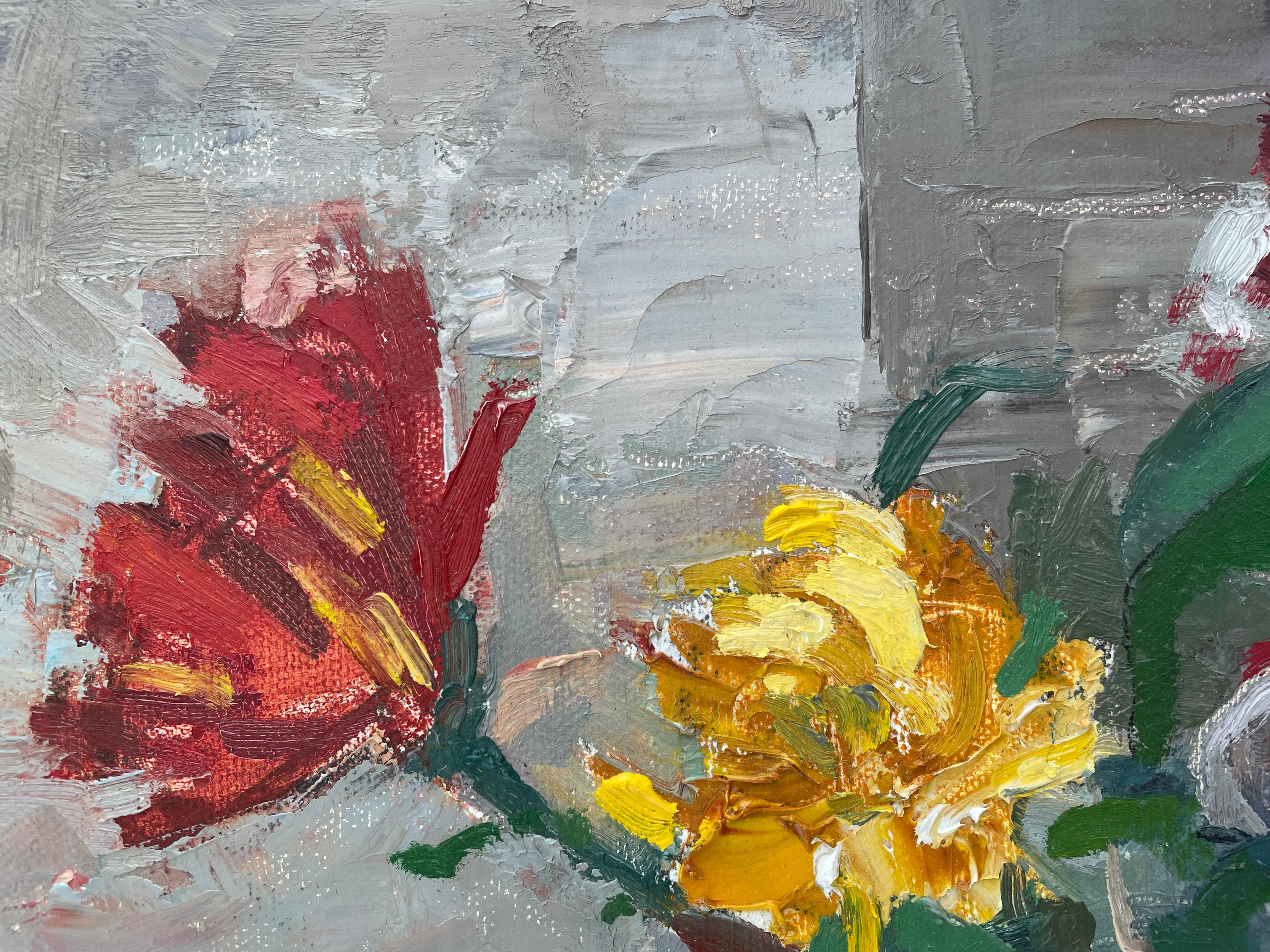 This small square playful semi-abstract still life captures the elegance of chrysanthemums in full bloom, arranged in a classic white pitcher. Bold red and yellow petals, rendered with expressive brushstrokes and rich texture, radiate energy and