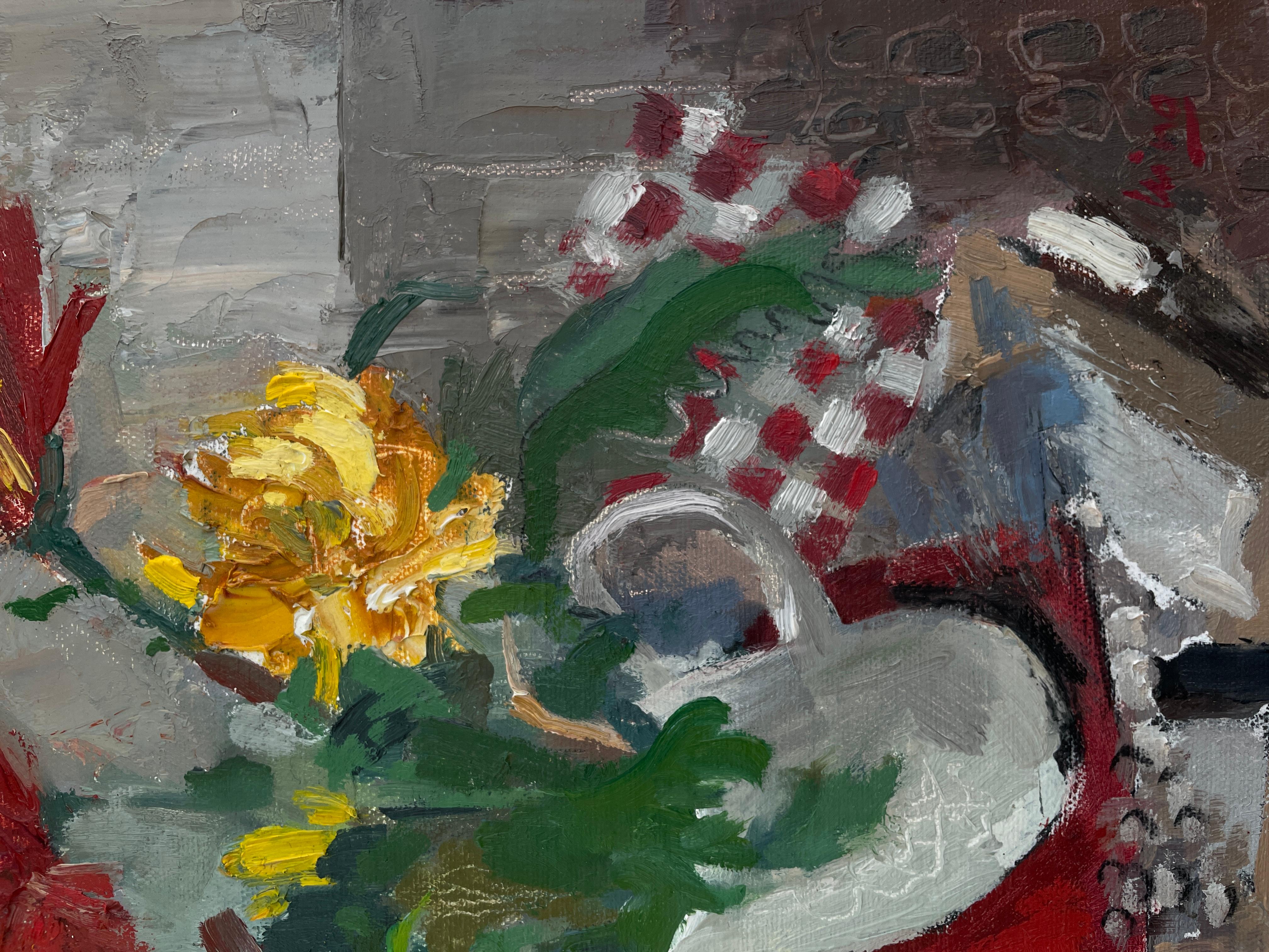 This small square playful semi-abstract still life captures the elegance of chrysanthemums in full bloom, arranged in a classic white pitcher. Bold red and yellow petals, rendered with expressive brushstrokes and rich texture, radiate energy and