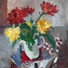 "Still life with chrysanthemums", red, yellow, square, small, flowers, modern