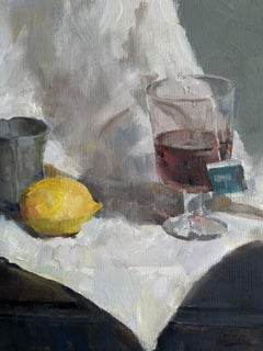 "Still life with lemon and tea", elegant, neutral, horizontal, classic
