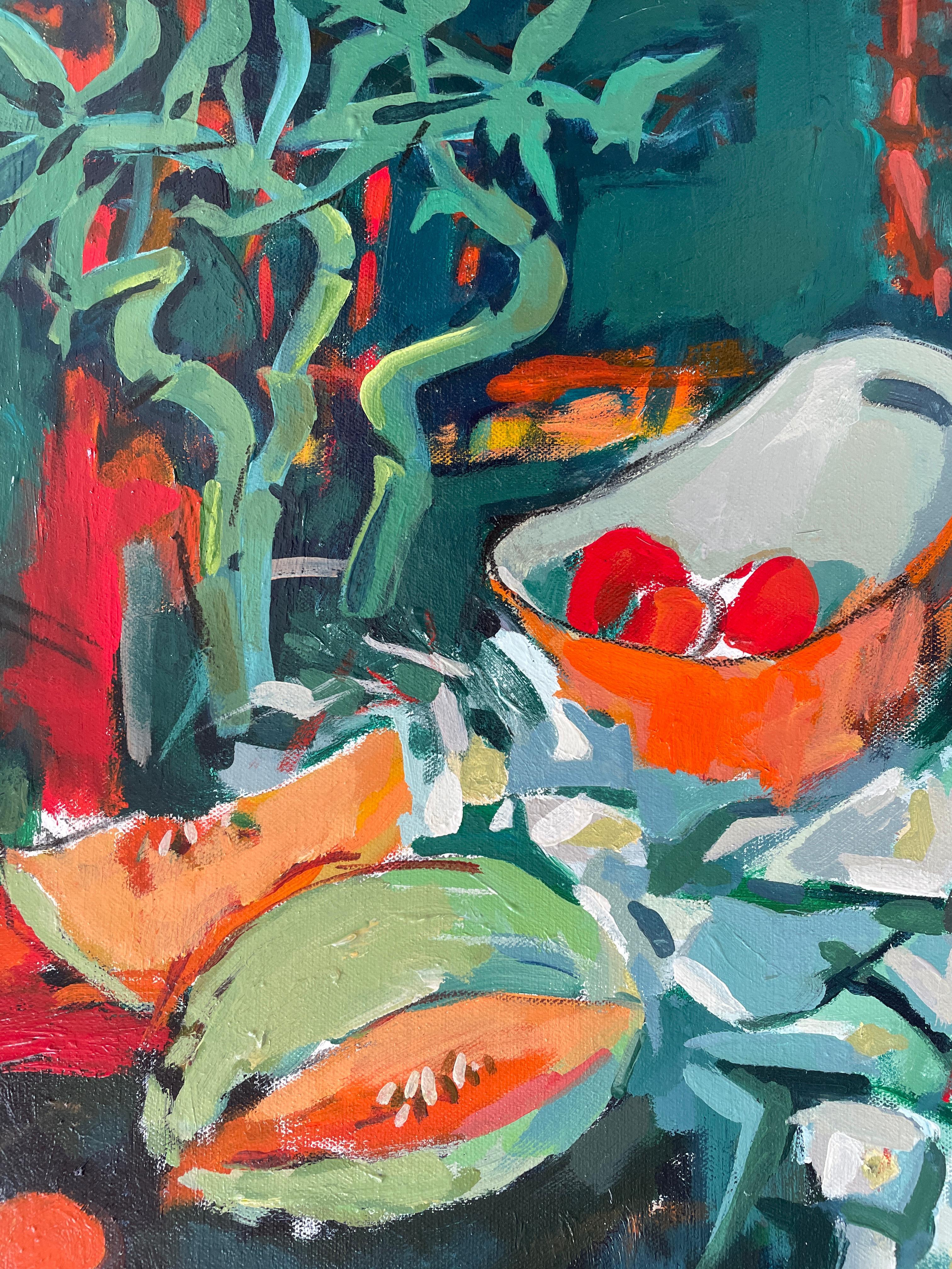 „Stillleben mit glücklichem Bambus“, halb abstrakt, kräftige Farben, rot, grün, quadratisch – Painting von Irina Forrester