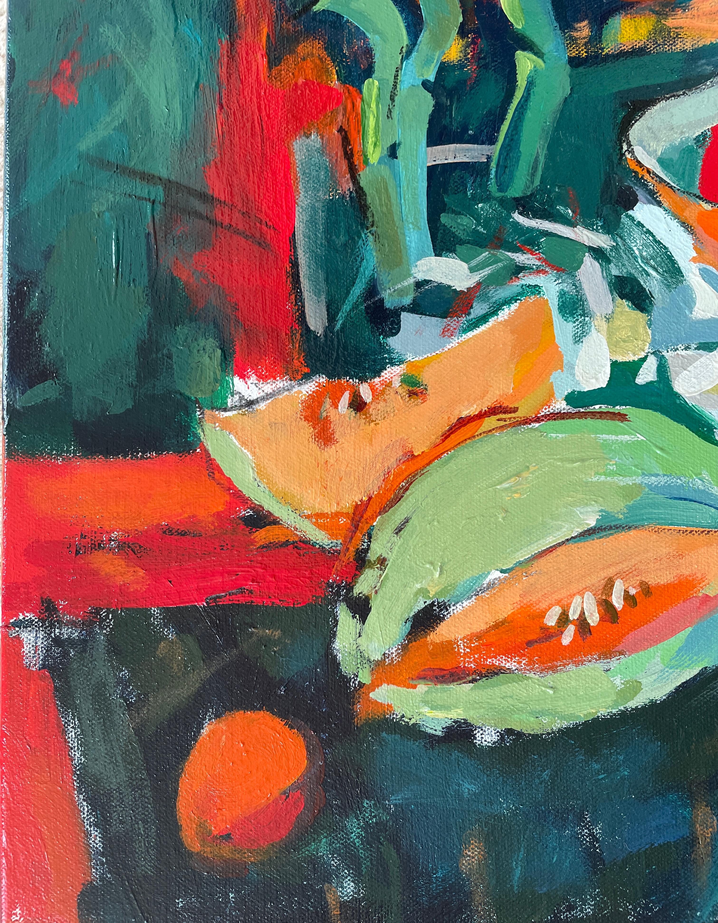 „Stillleben mit glücklichem Bambus“, halb abstrakt, kräftige Farben, rot, grün, quadratisch (Zeitgenössisch), Painting, von Irina Forrester