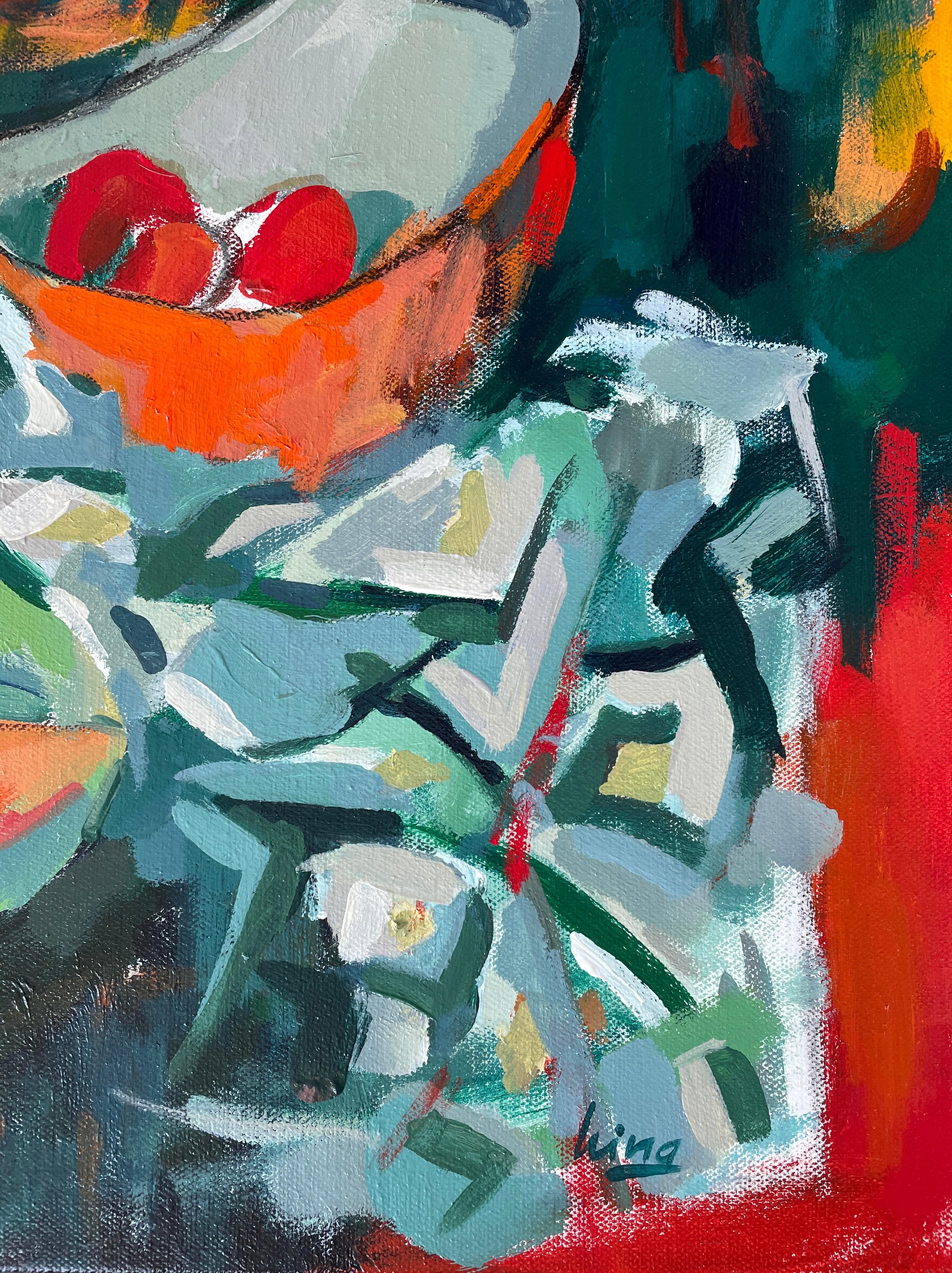 „Stillleben mit glücklichem Bambus“, halb abstrakt, kräftige Farben, rot, grün, quadratisch (Blau), Still-Life Painting, von Irina Forrester