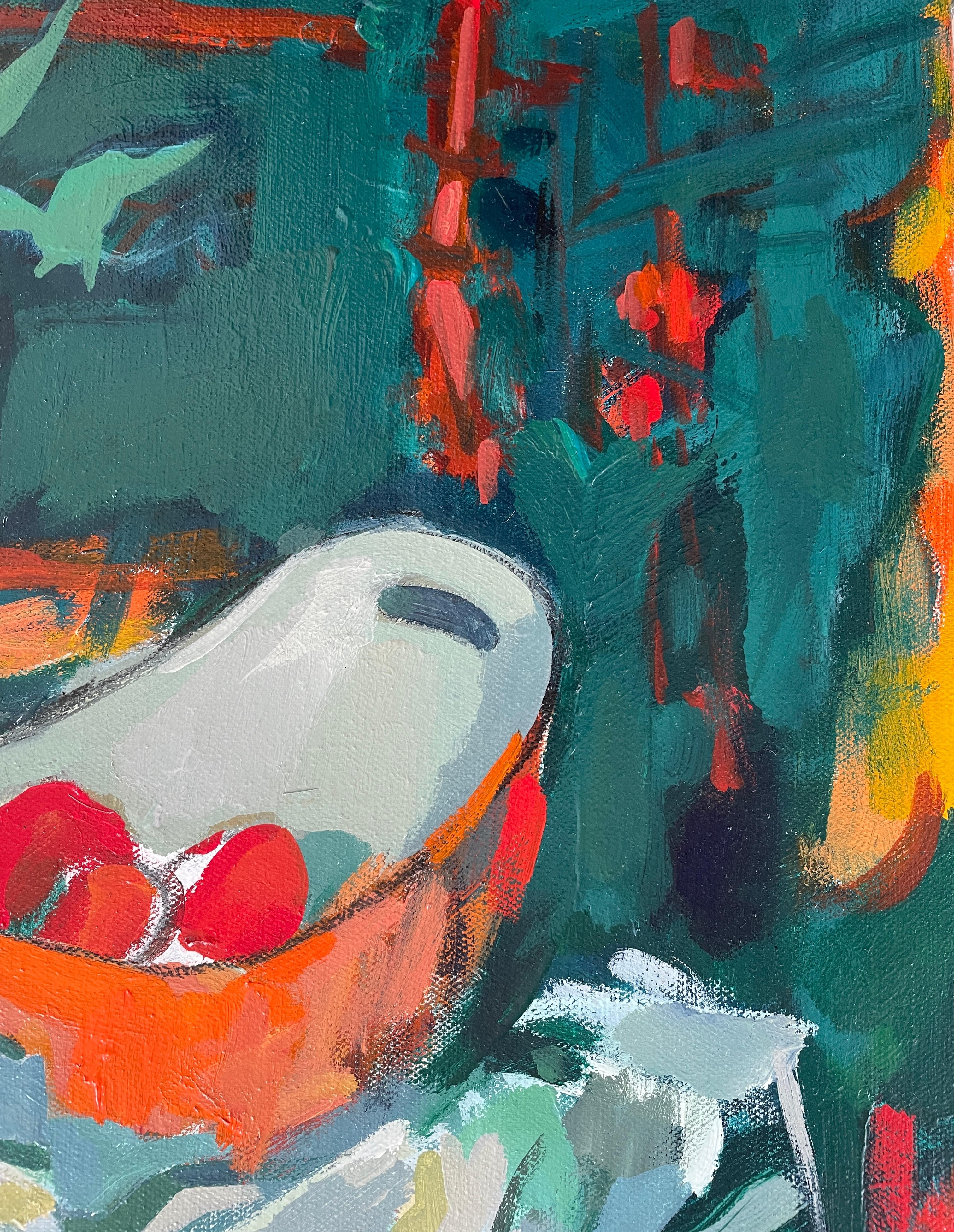 This dynamic and vibrant still life painting features a rich composition of bold colors and abstracted forms. At the heart of the artwork is a bright arrangement that includes sliced melon, red fruits in an orange bowl and lucky bamboo. The