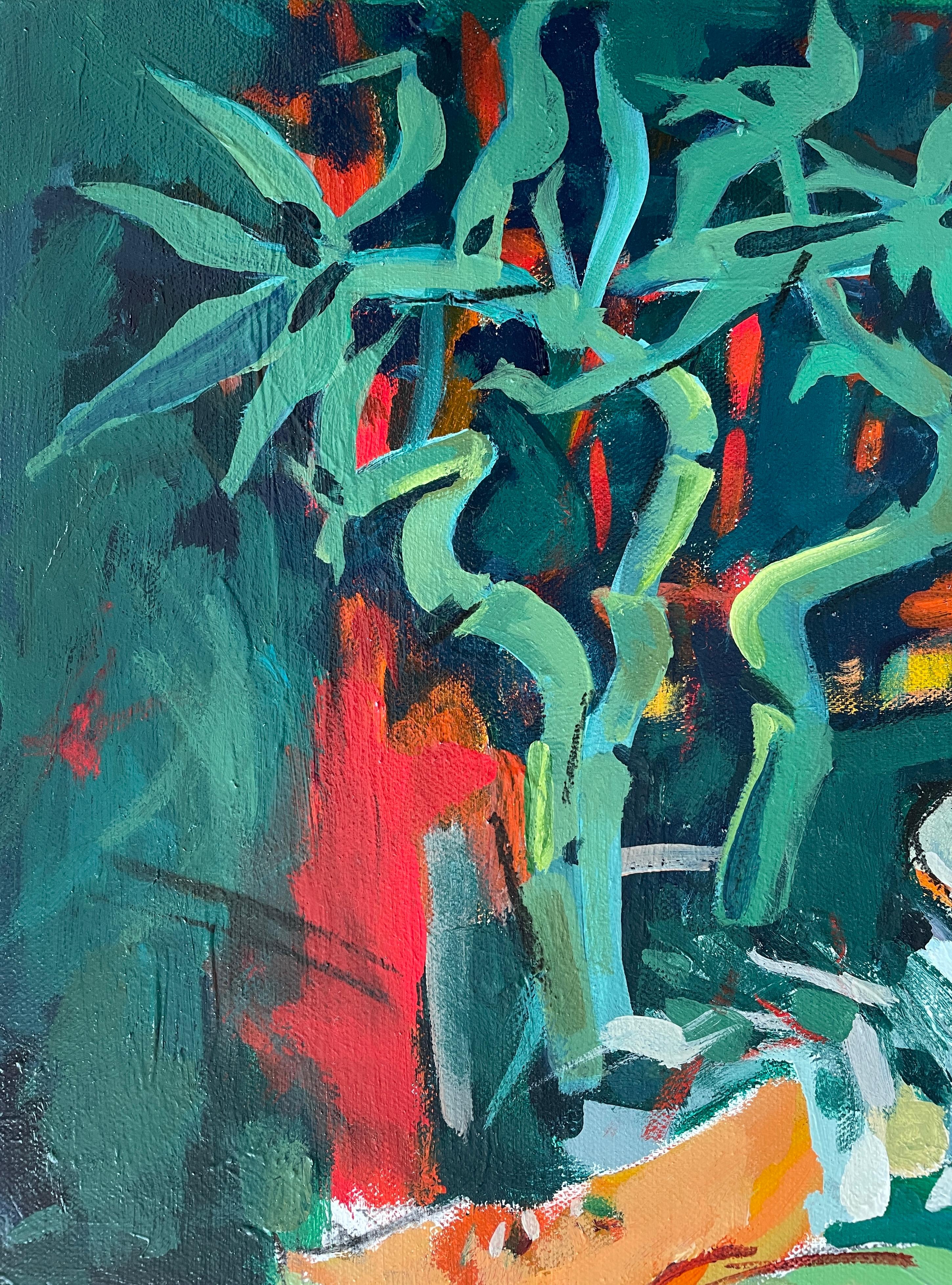 „Stillleben mit glücklichem Bambus“, halb abstrakt, kräftige Farben, rot, grün, quadratisch im Angebot 1